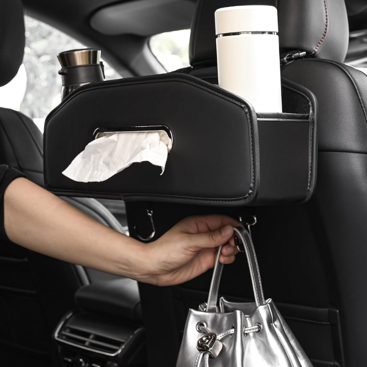 Main product image of Car Seat Back Organizer, 2 Cup Holders, Tissue Dispenser, Storage Hook, Black