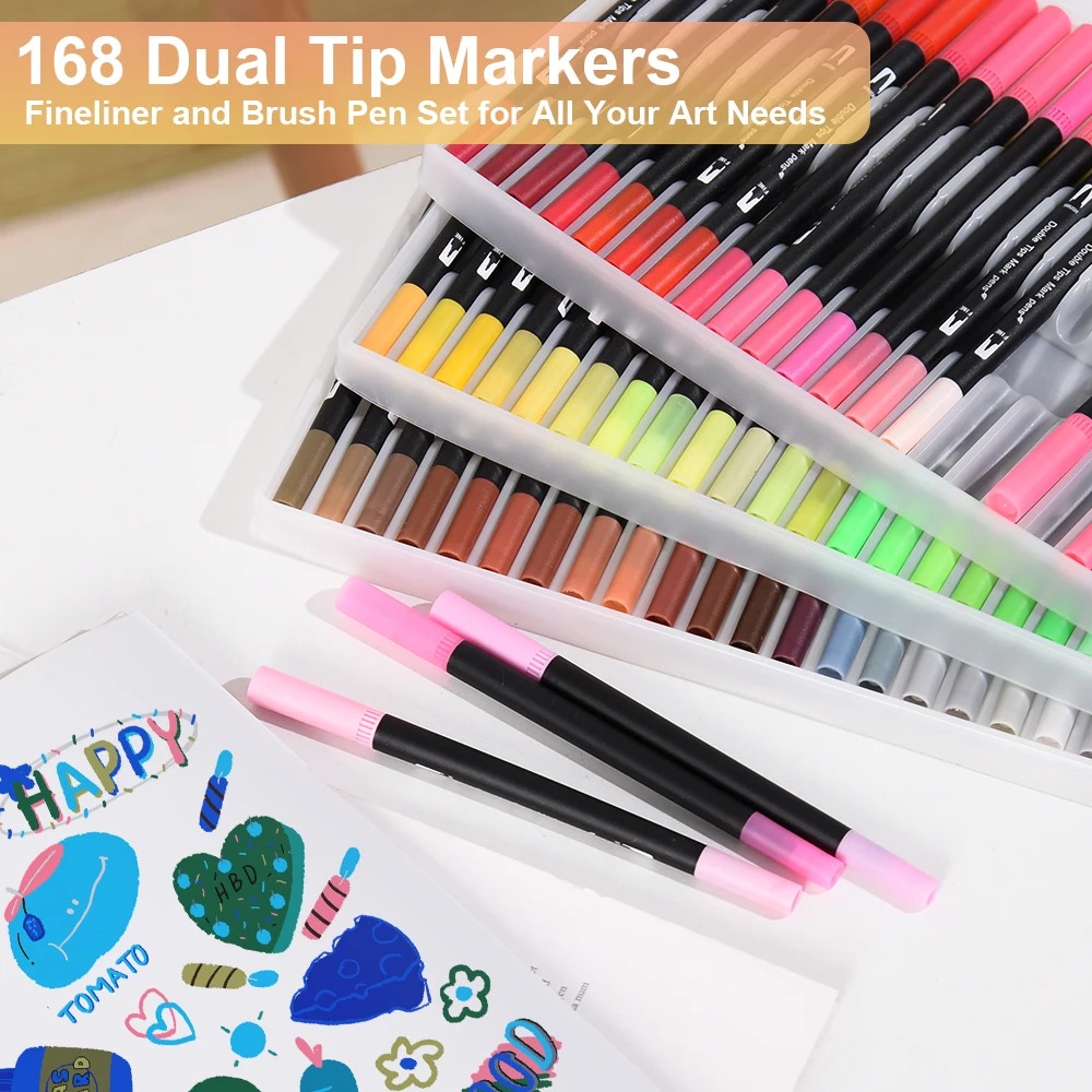 168 Colors Dual Tip Brush Markers Set Black Barrel Watercolour Pens For Colouring Drawing Sketching Calligraphy Art Supplies With Carry Case