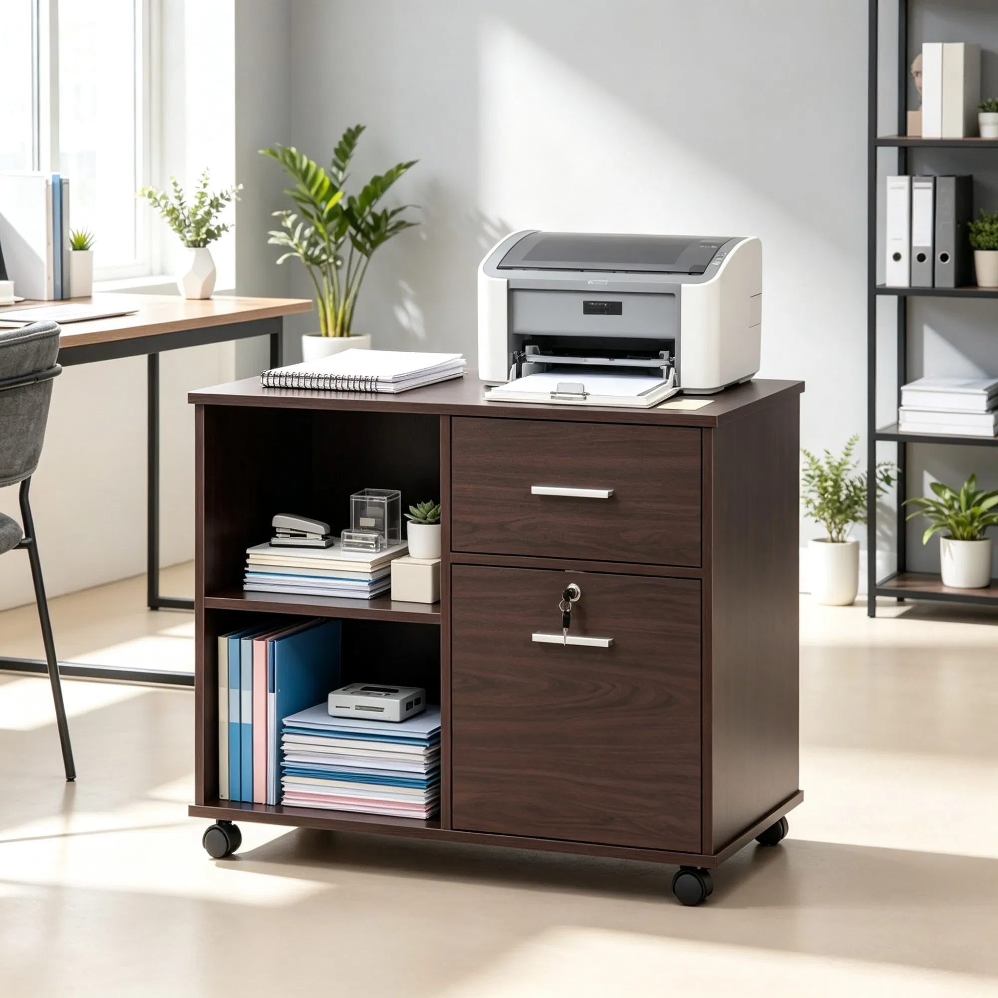 Main product image of Lateral File Cabinet with Wheels, Open Shelves, and Drawers
