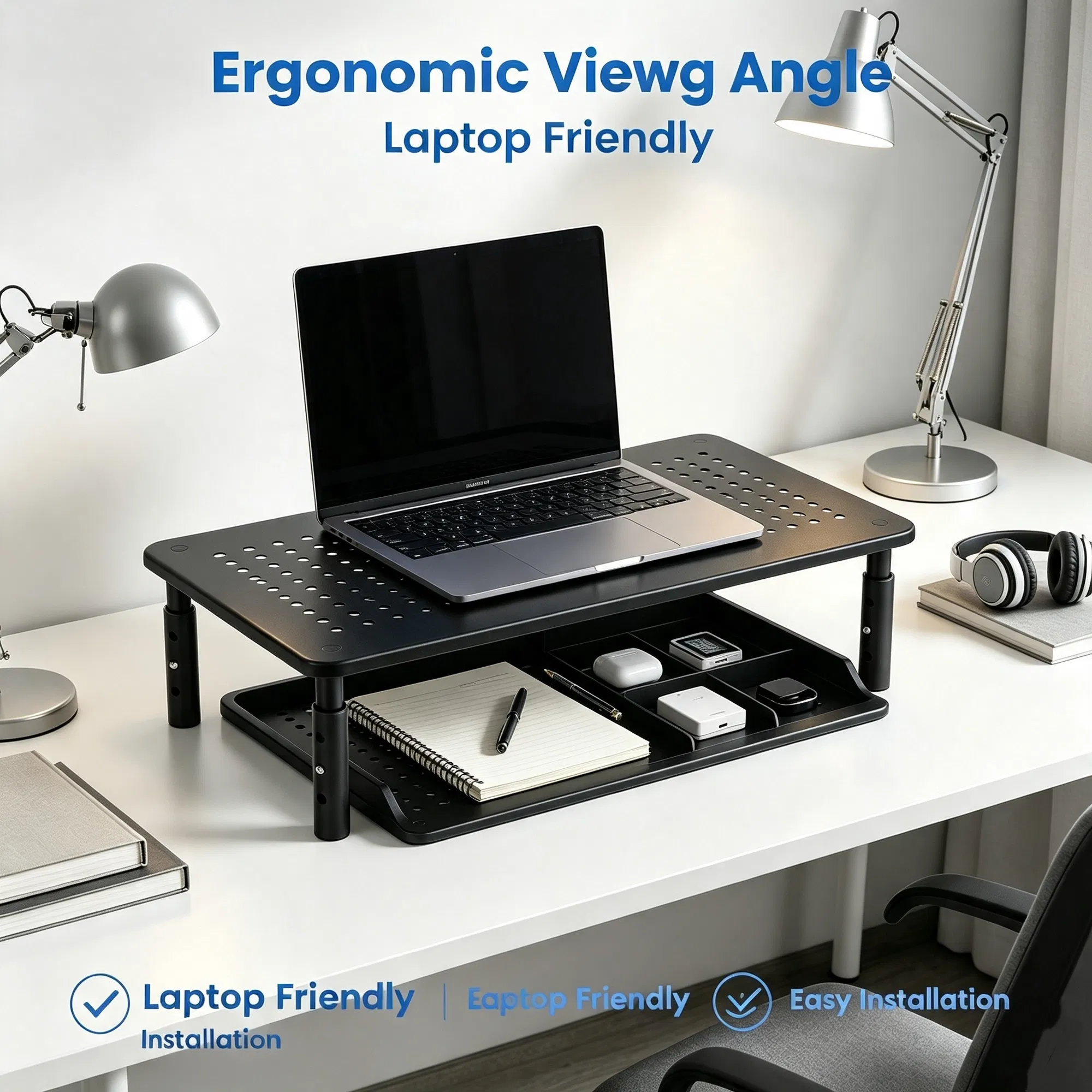 Main product image of 3-Level Adjustable Computer Monitor Stand, Metal Mesh Ventilated Riser, 44 Lbs Max Load, Easy Assembly for Home Office Desktop Use