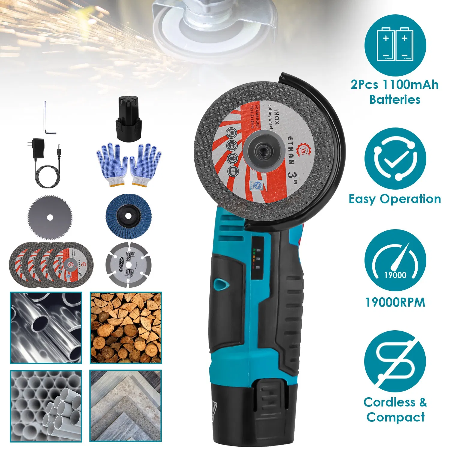 Main product image of Cordless Mini Grinder Kit (3-Inch) - 19000RPM Pure Copper Motor, 2x12V 1100mAh Batteries, 90° Rotatable Guard - 4 Metal Cutting Wheels + Saw Blade + Sanding Disc for Metal/Wood/Tile Projects