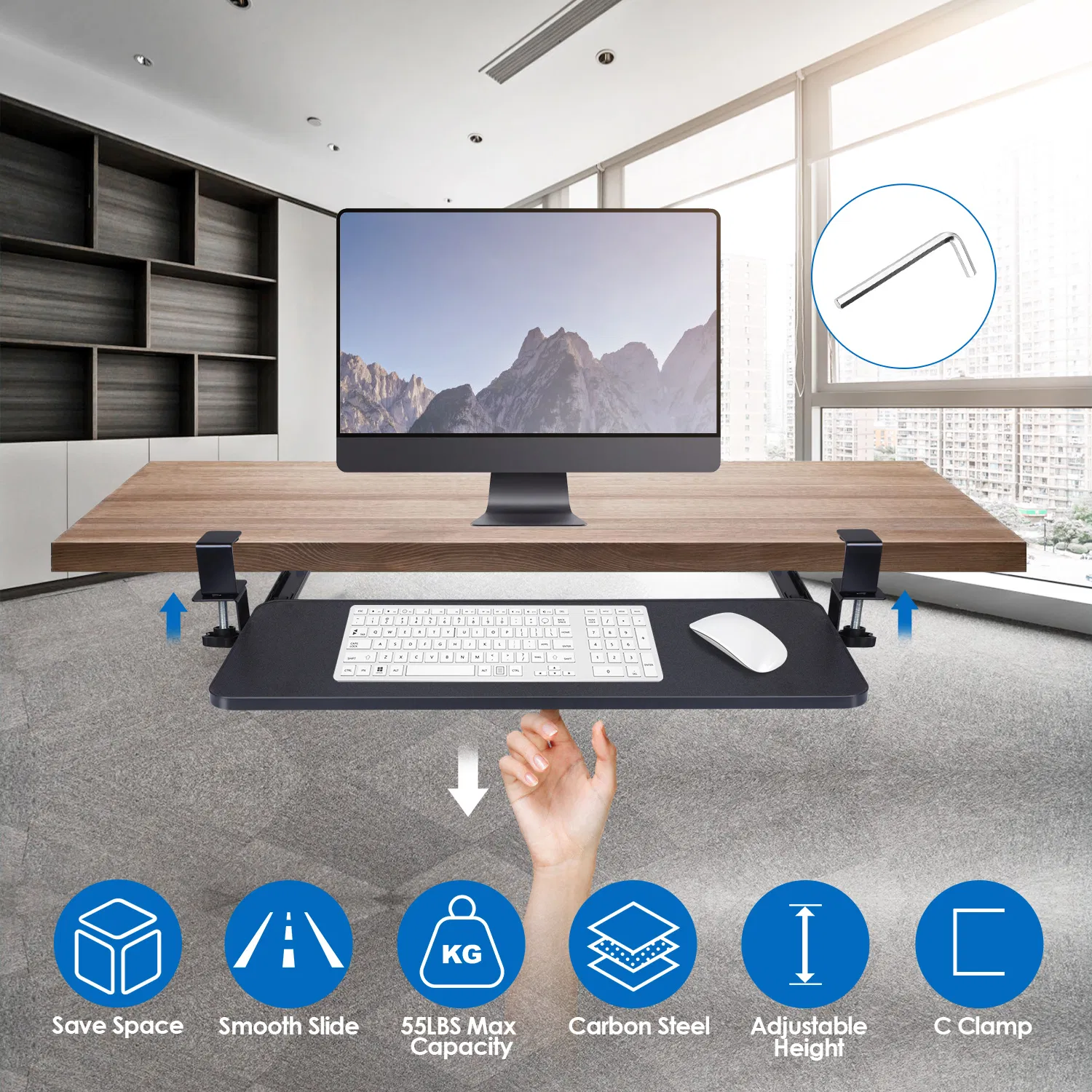 Main product image of Clamp Under Desk Keyboard Tray, Retractable Slide Track 8.85in Extension, Height Adjustable 2.16in, Carbon Steel Keyboard & Mouse Platform for Home Office