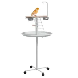 Product image of White Mobile Bird Stand with Perches, Stainless Bowls