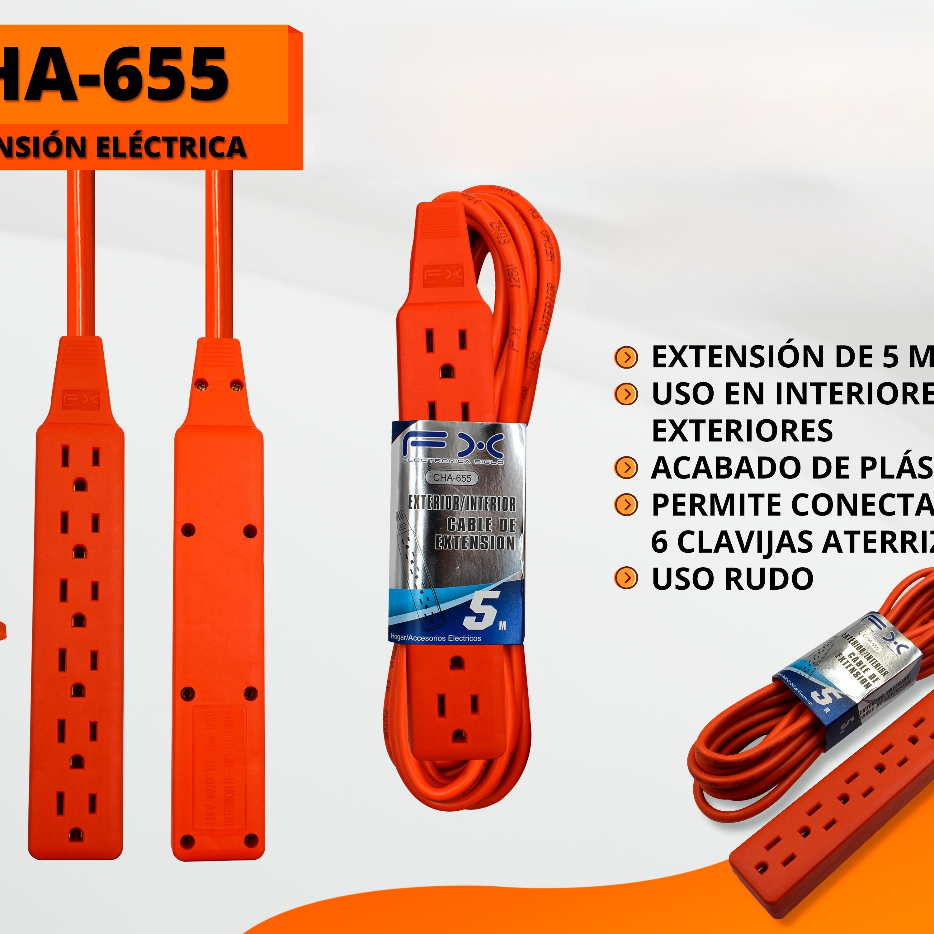 Main product image of Grounded 6-Outlet Power Strip Extension Cord, Indoor/Outdoor, 5m, Orange