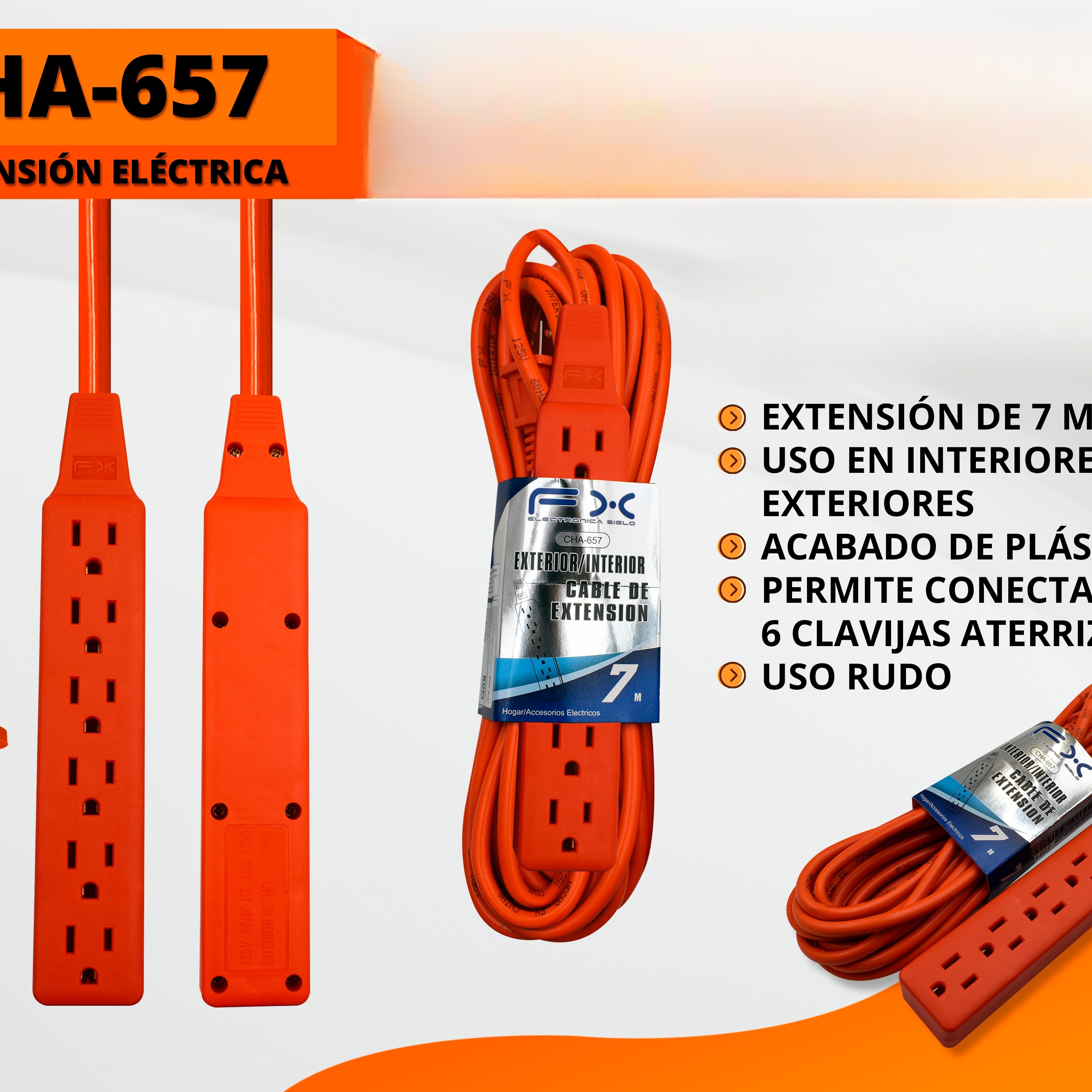 Main product image of 6-Outlet Grounded Extension Cord, Indoor/Outdoor, 7m, Orange