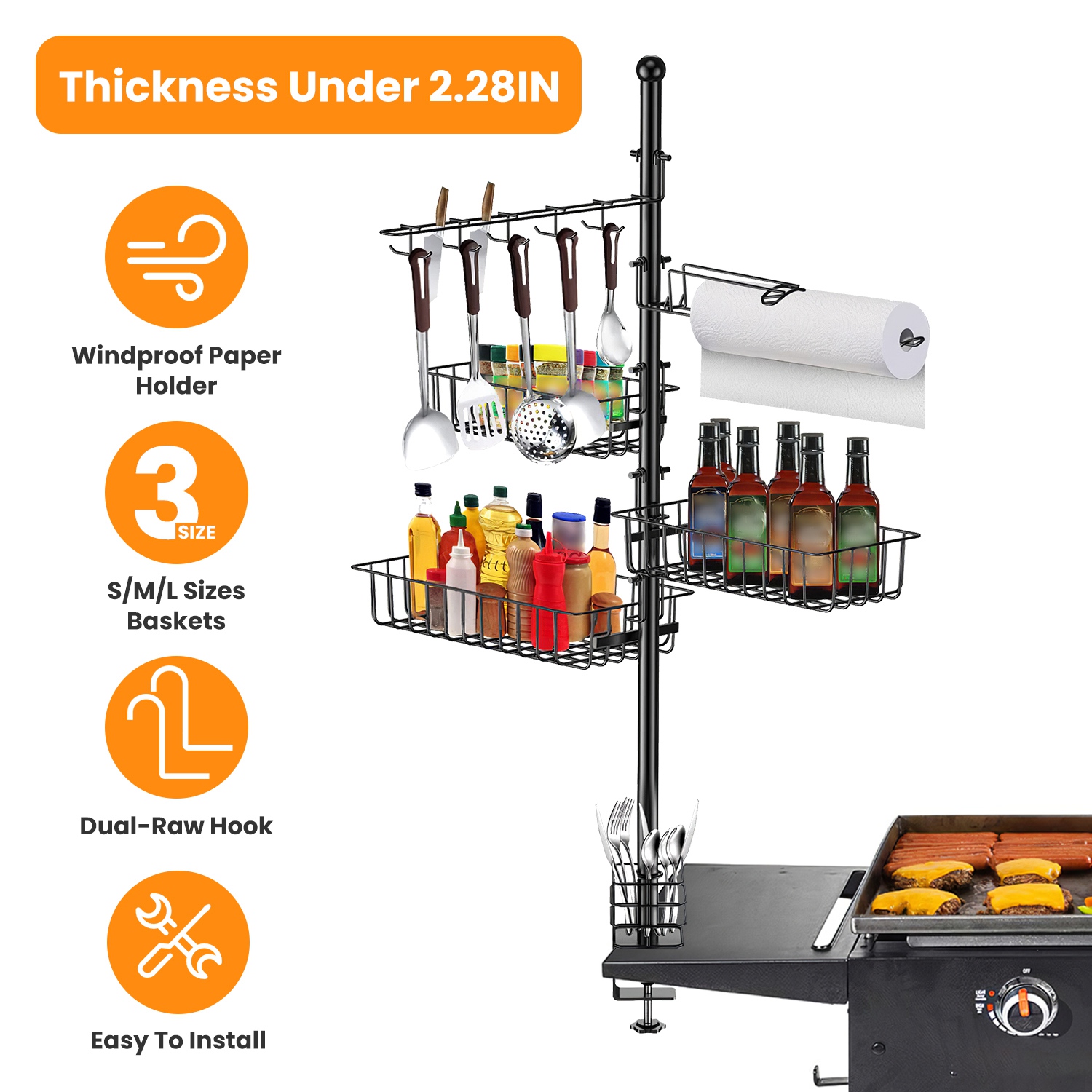 Standing BBQ Storage Caddy, Large Capacity Griddle Organizer With Multi-Size Baskets, Tool Hooks & Windproof Paper Towel Holder, Easy Assembly For Camping Picnic Party