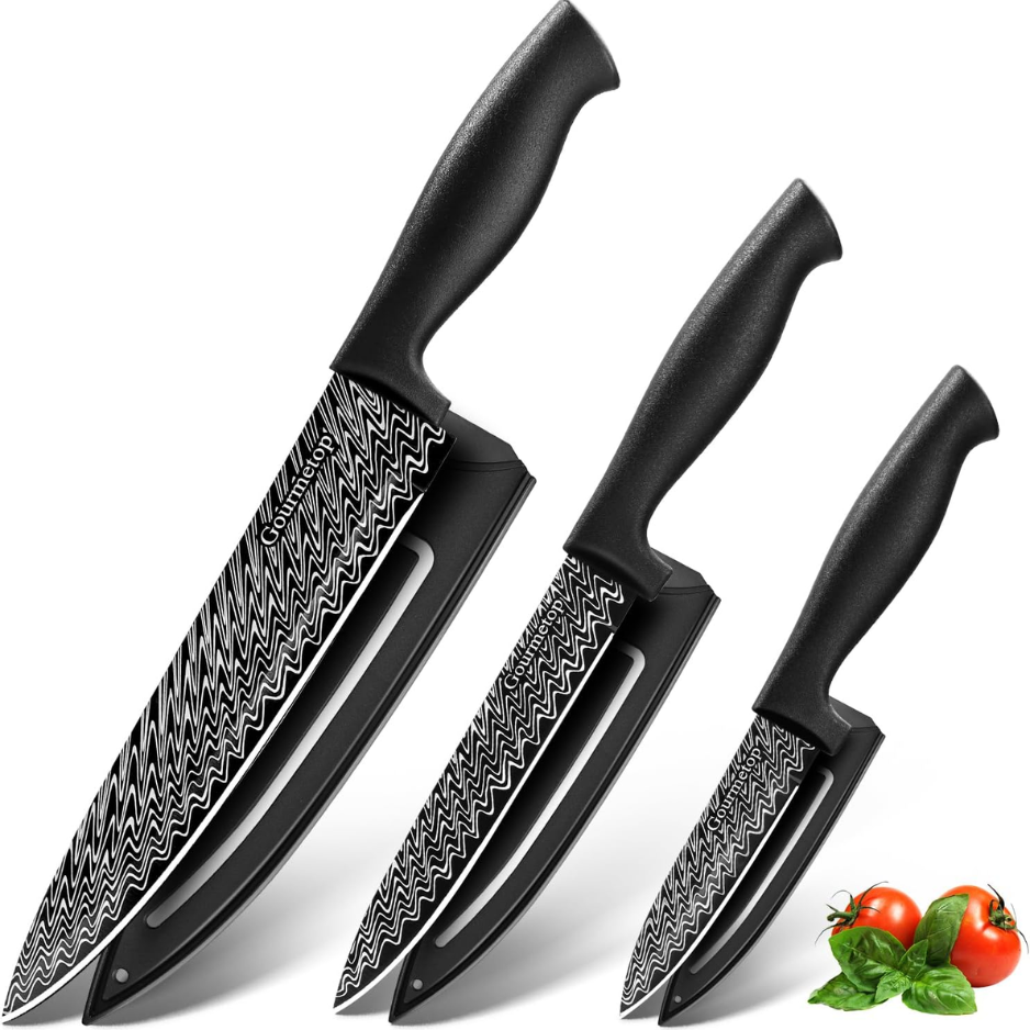 3-Piece Kitchen Knife Set With Blade Covers - Black Damascus Pattern Nonstick Chef, Utility & Paring Knives