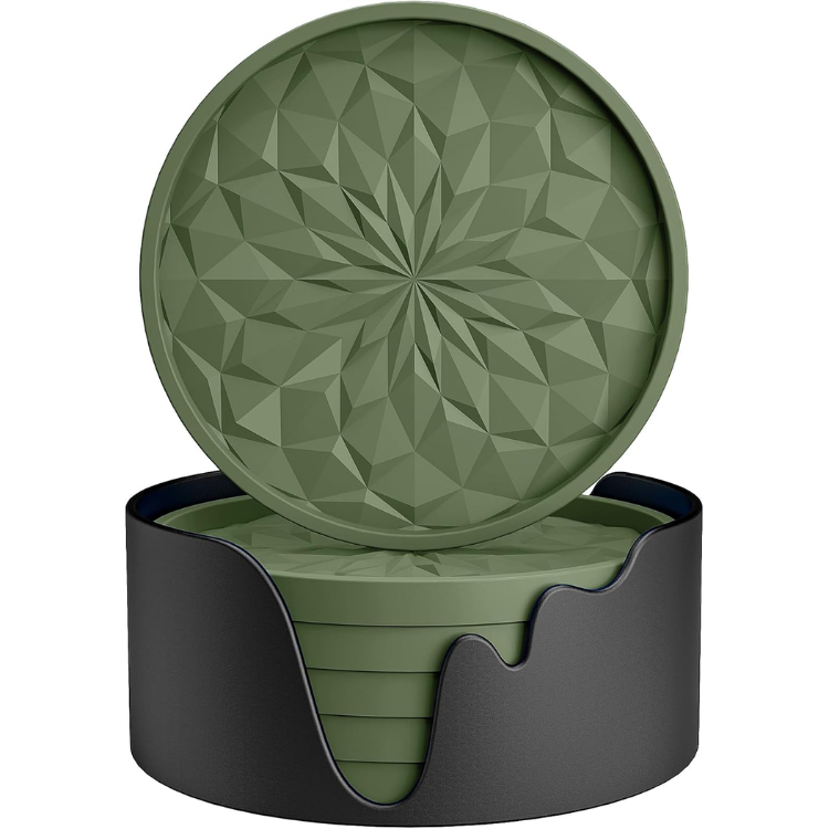 Main product image of 6 Piece Olive Green Silicone Coaster Set with Holder, Non-Slip
