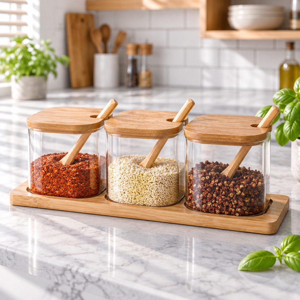 Main product image of Square Glass Spice Jars Set Of 3 With Bamboo Lids, Spoons And Tray, Seasoning Containers