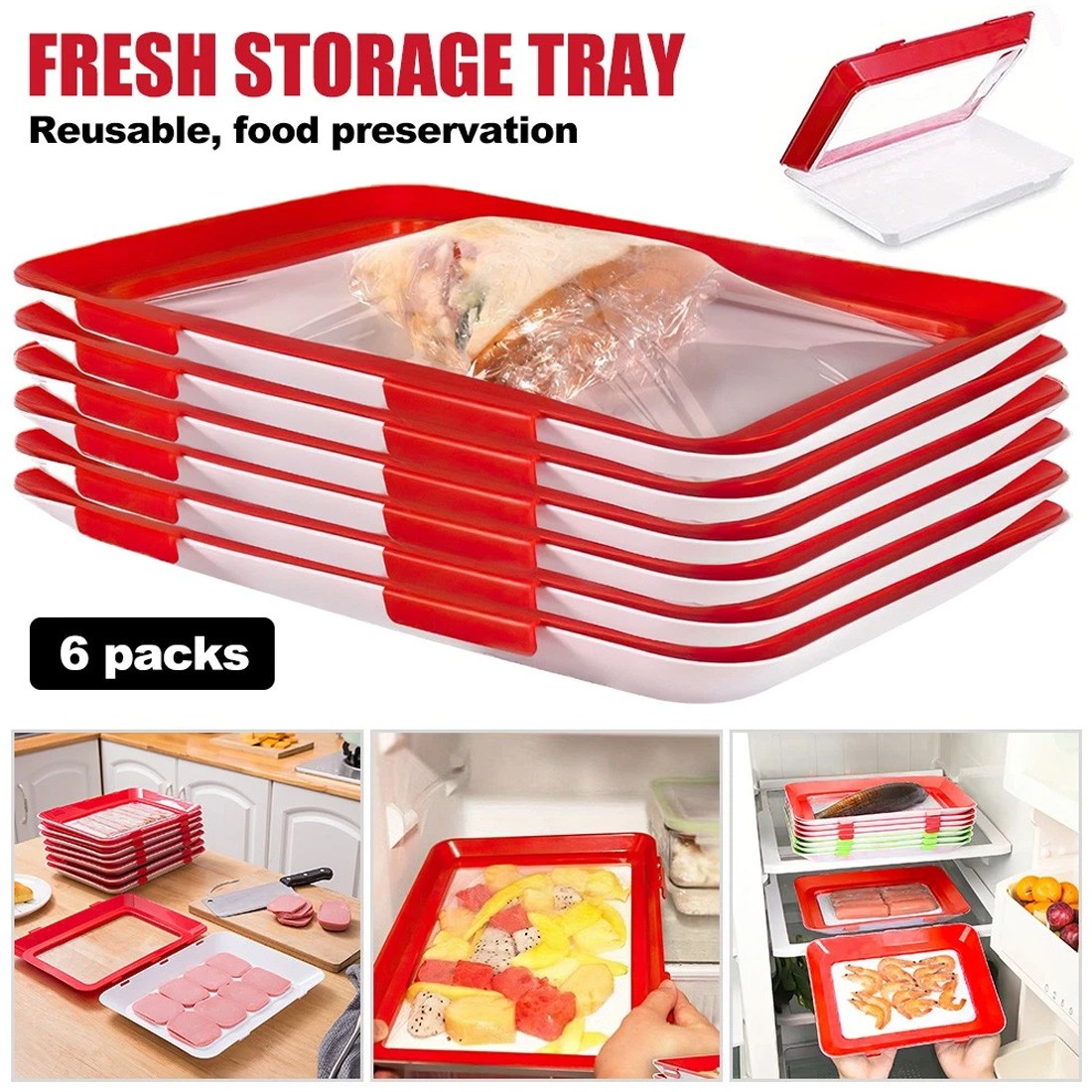 Main product image of 6 PCS Stretch Fresh Storage Vacuum Reusable And Stackable Food Storage Tray