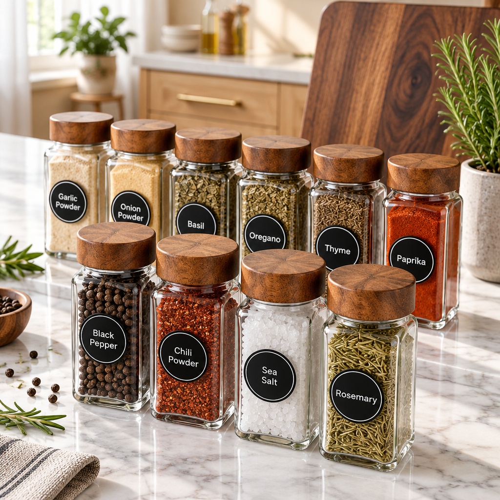 Main product image of Glass Spice Jars Set Of 24 With Wood Lids, Square Seasoning Jars With Funnel And Labels
