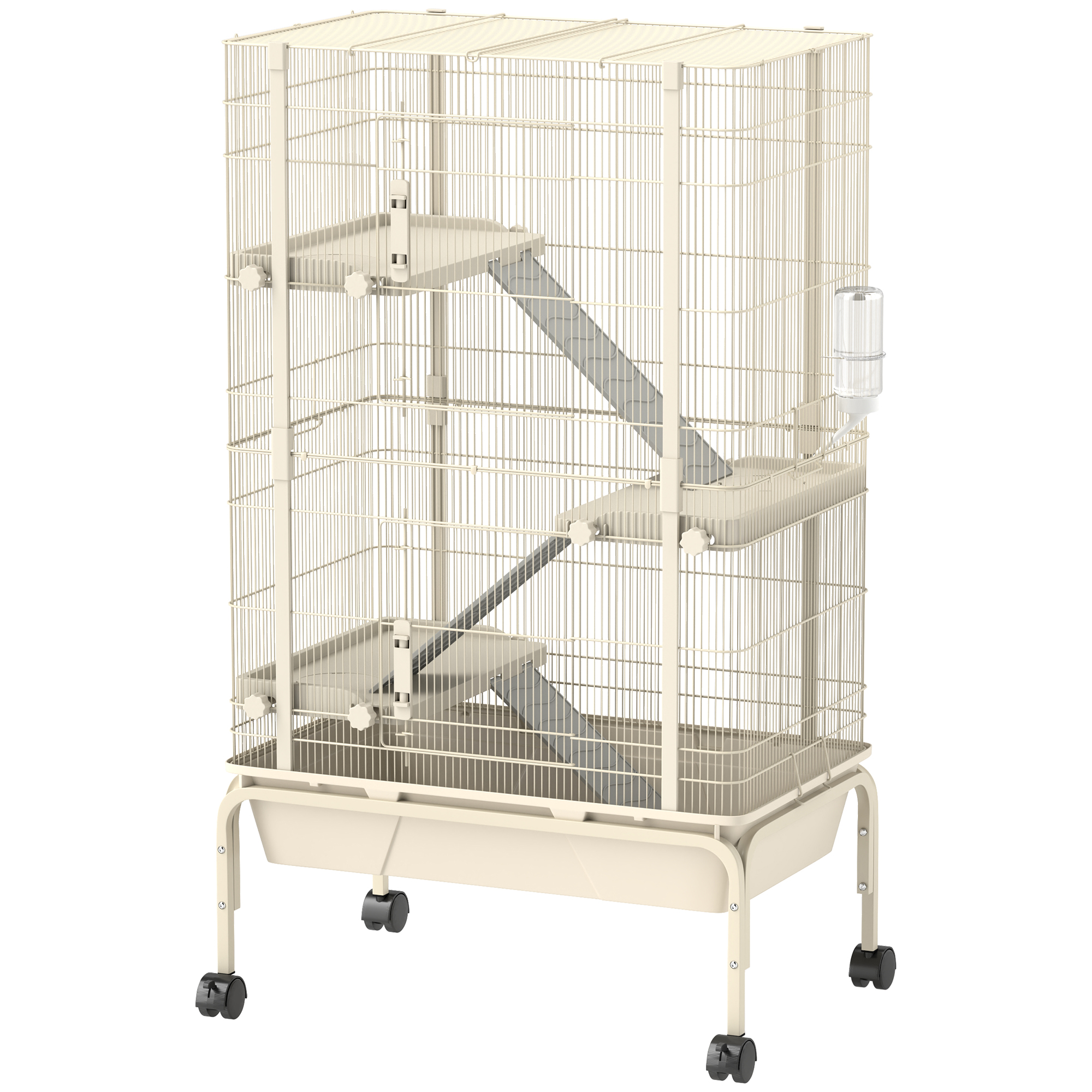 PawHut 4-Level Rolling Small Animal Cage, Rabbit Cage With 3 Ramps, Water Bottle, Food Dish, 15cm Deep Tray, Beige