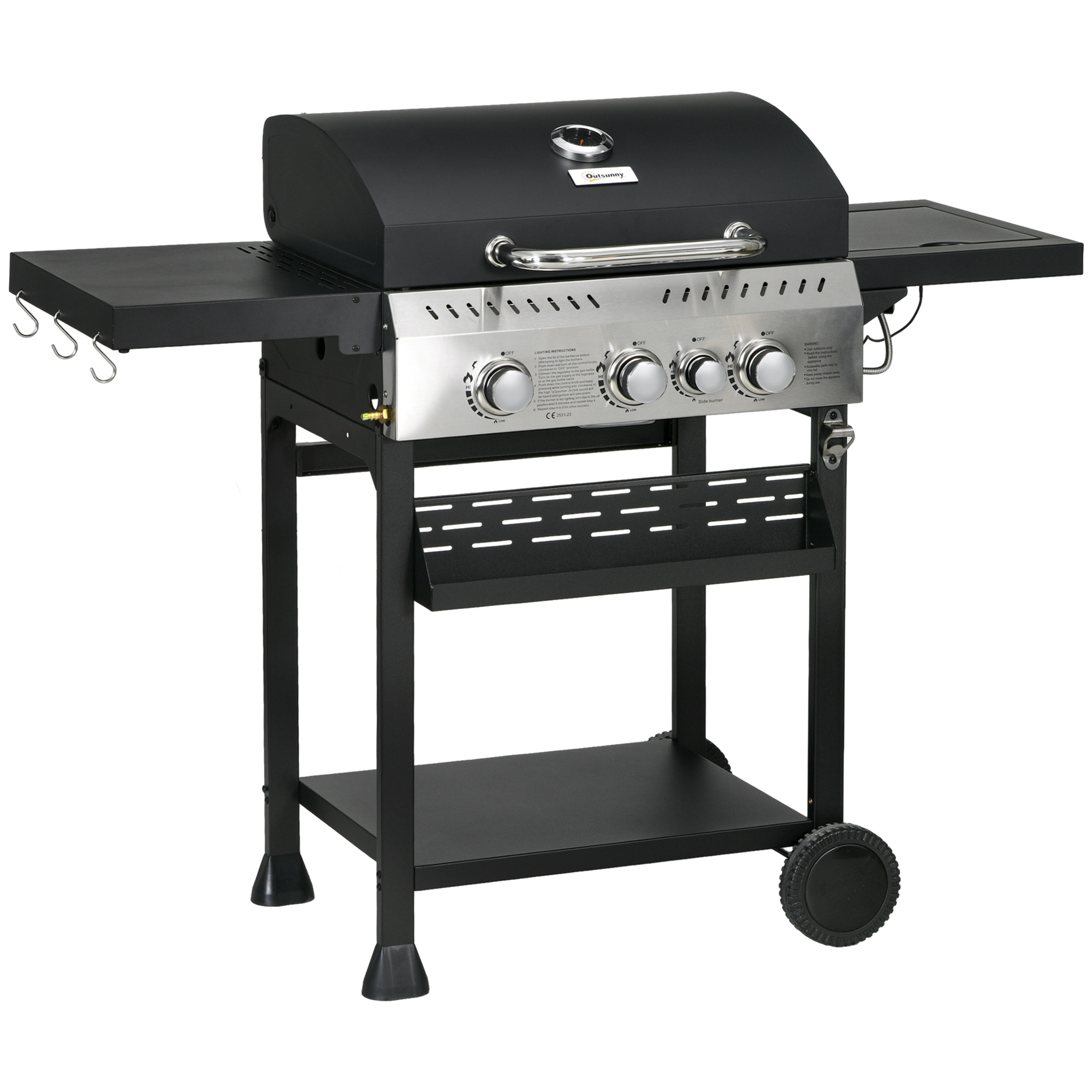 Four-Burner Steel Gas Grill, With Thermometer - Black
