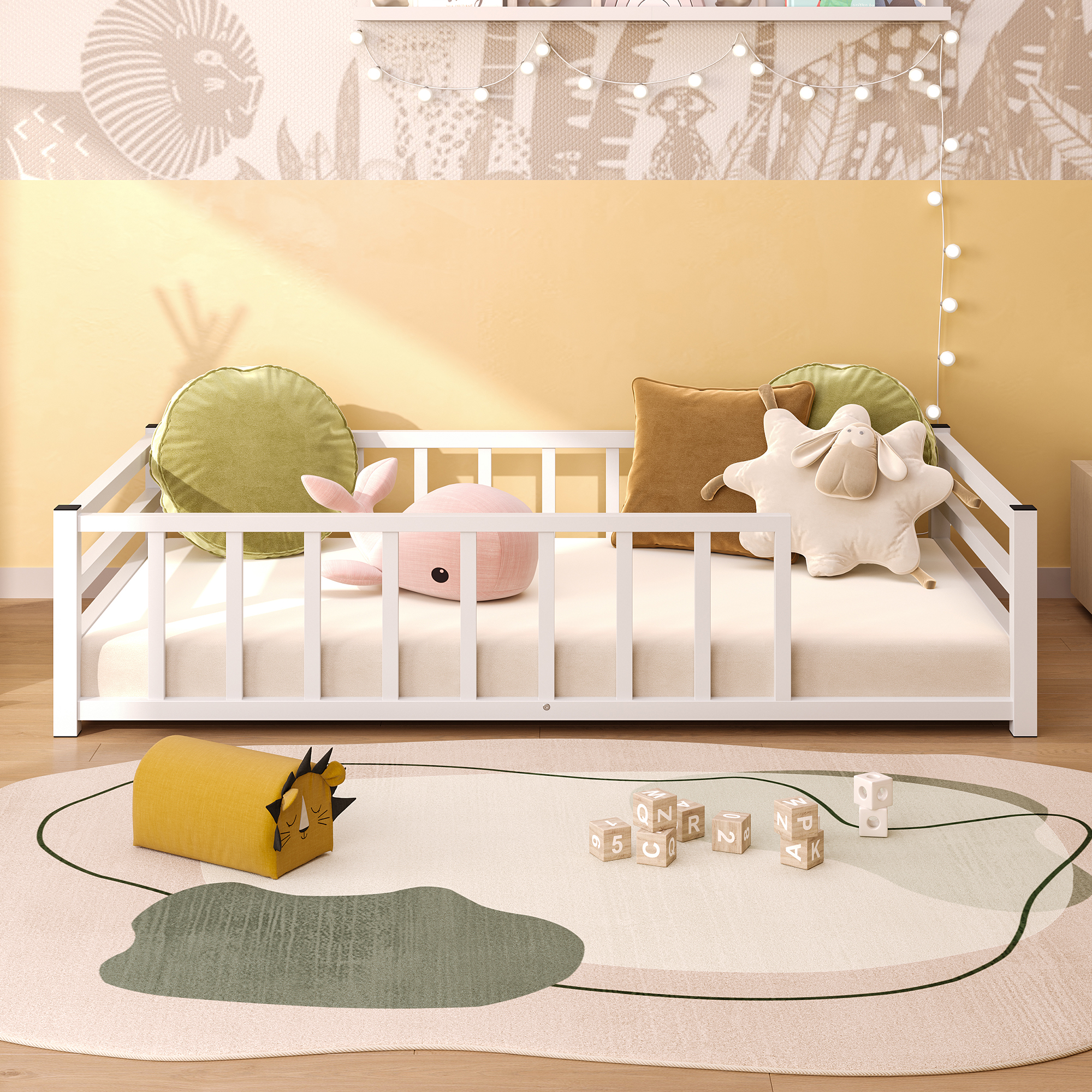 Twin Size Floor Bed, Low Profile Metal Platform with Heavy Duty Guardrails, No Box Spring Needed, White
