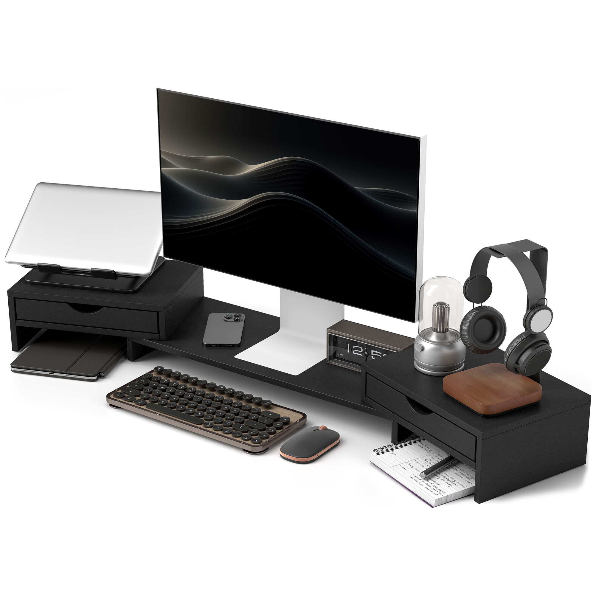 Main product image of 116cm Dual Monitor Stand with 2 Drawers, Adjustable Length/Angle, Black