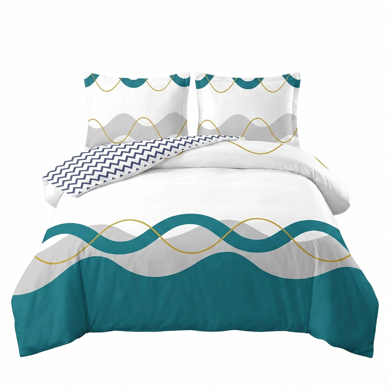 3 Piece Reversible Duvet Cover Set, Heavyweight High-GSM Microfiber Bedding With Zipper & 4 Corner Ties, US Designer Modern Teal Wave & Chevron Geometric Pattern Queen,King,Cal King