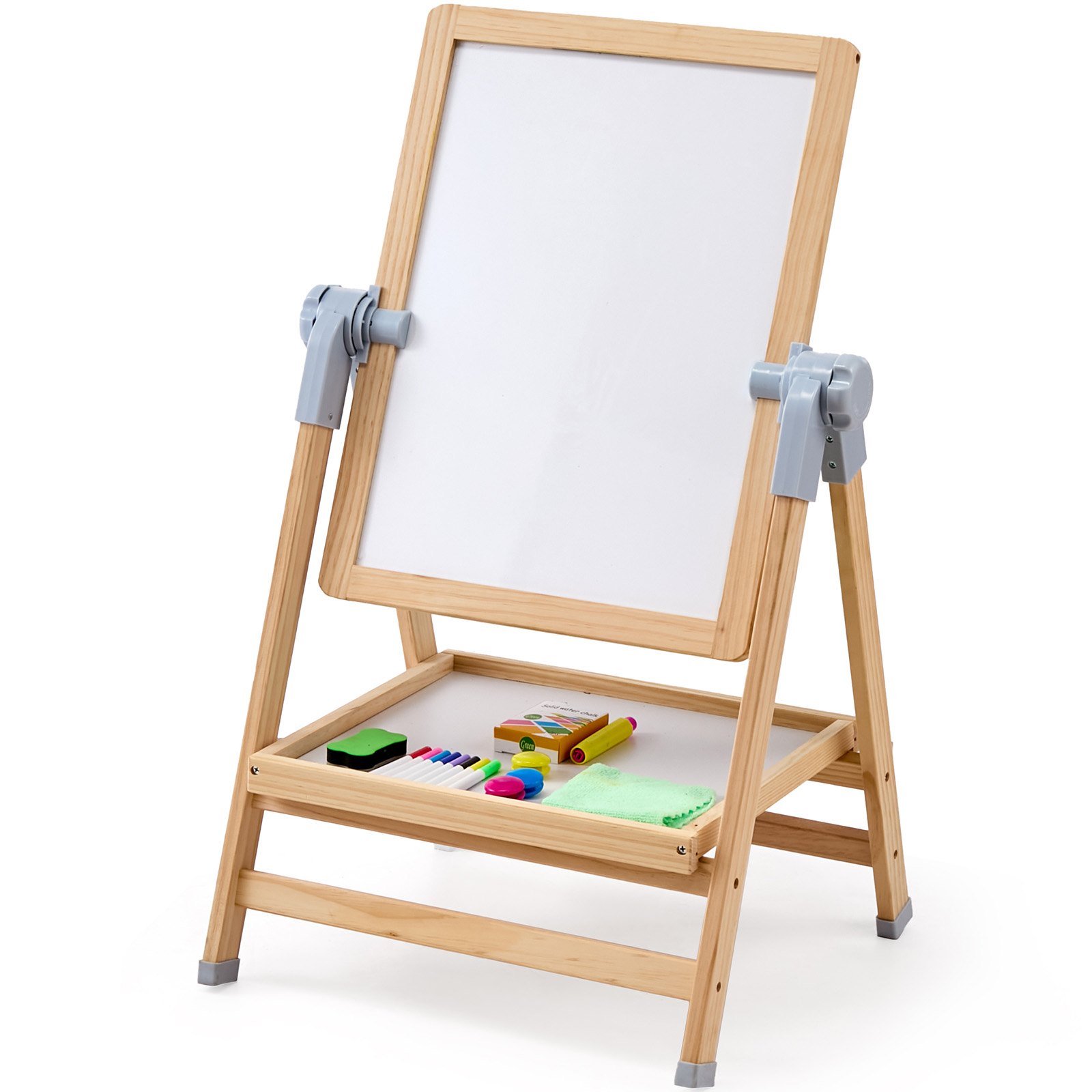 Art Easel For Kids, 2-in-1 Wooden Double-Sided Kid's Art Easel With Magnetic Whiteboard & Chalkboard, Adjustable Standing Rotatable Foldable Drawing Board With Painting Accessories For Boy Girl
