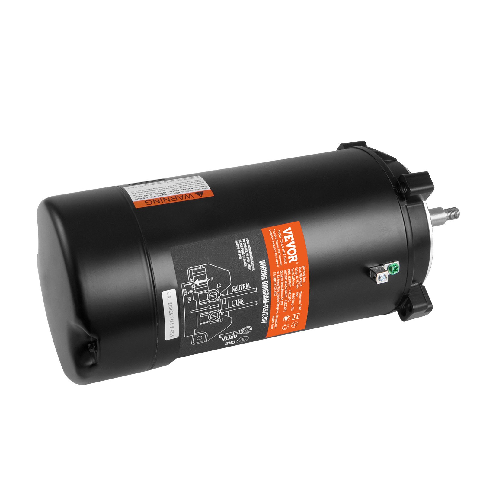 1.5 H P Pool Pump Motor, 56J Frame, 115V 13.6 Amps 230V 6.8 Amps 3450 RPM, 60Hz, 1.3 Service Factor, 90uF 250V Capacitor, CCW Rotation Round Flange Replacement Motor