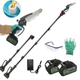 2-In-1 8' Cordless Electric Pole Saw And Mini Chainsaw With Extension Poles 2Pcs 21V 3.0Ah Batteries Adjustable Length Chain Saw With Auto Oiler Safety Switch For Wood Cutting