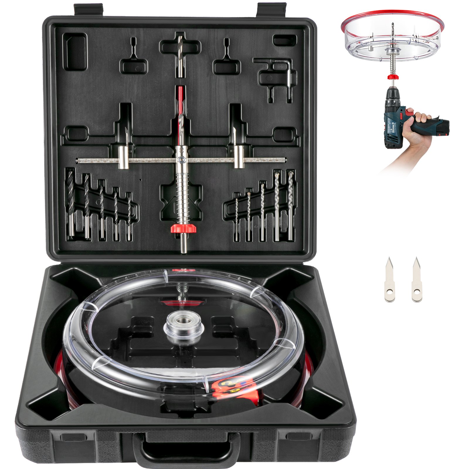 Adjustable Hole Saw Cutter Kit, 1-5/8' To 8' (40-200 Mm), Twin Blade Recessed Hole Saw With PC Dust Shield, Two Replaceable Pilot Drill Bits, For Recessed Lights, Ceiling Speakers, Vent Holes