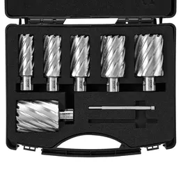 6 Pc M2AL HSS Annular Cutter Set, Universal Shank, 1-2 inch Diameter, 2 inch Depth, 2 Pilot Pins, Case