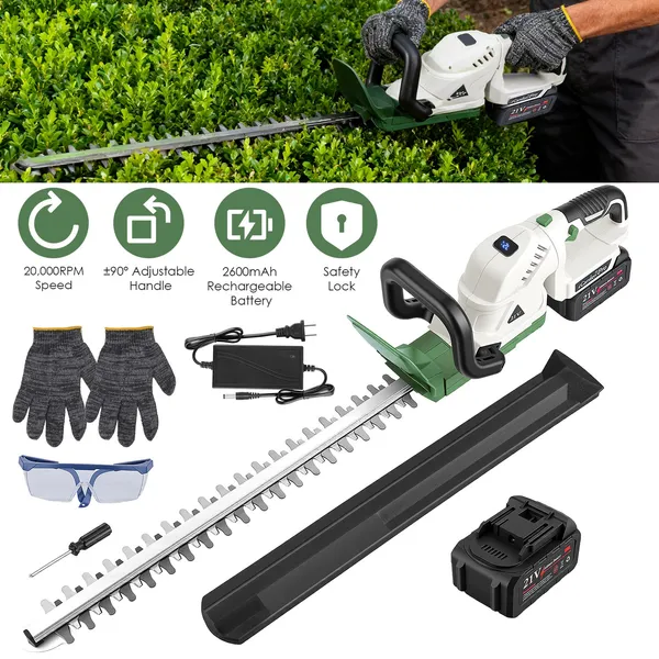 20'' Cordless Hedge Trimmer 21V Handheld Bush Trimmer Electric Grass Shrub Trimmer With Dual-Action Blades 0.6" Cutting Diameter Safety Lock ±90° Adjustable Handle