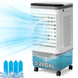 3 In 1 Portable Evaporative Cooler,720R,Indoor,Outdoor,461CFM Air Cooler With Remote,Copper Motor,5.28 Gal Water Tank & Scroll Casters, 4 Ice Packs,12H Timer Settings,Gray And White