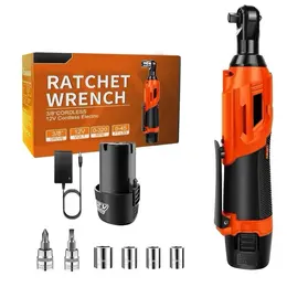 Cordless Electric Ratchet Wrench, 90 Degree Angle 200NM, 12V, 2 Batteries, Quick Change Sleeve With 14 Sockets Orange Color