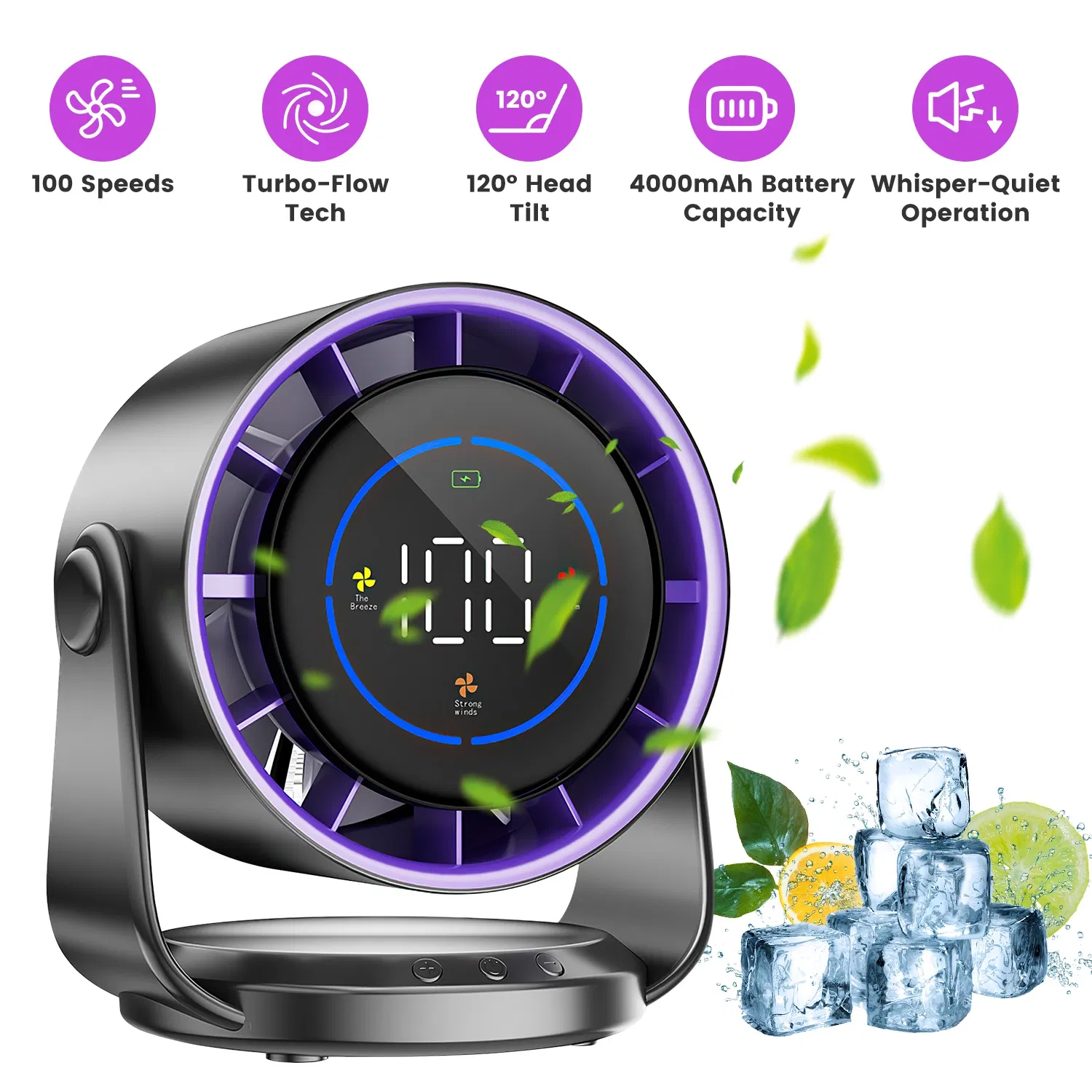 Main product image of USB Table Fan, 100 Speed, LCD, Battery Indicator, 120° Tilt, Desktop/Wall Mount, 4000mAh