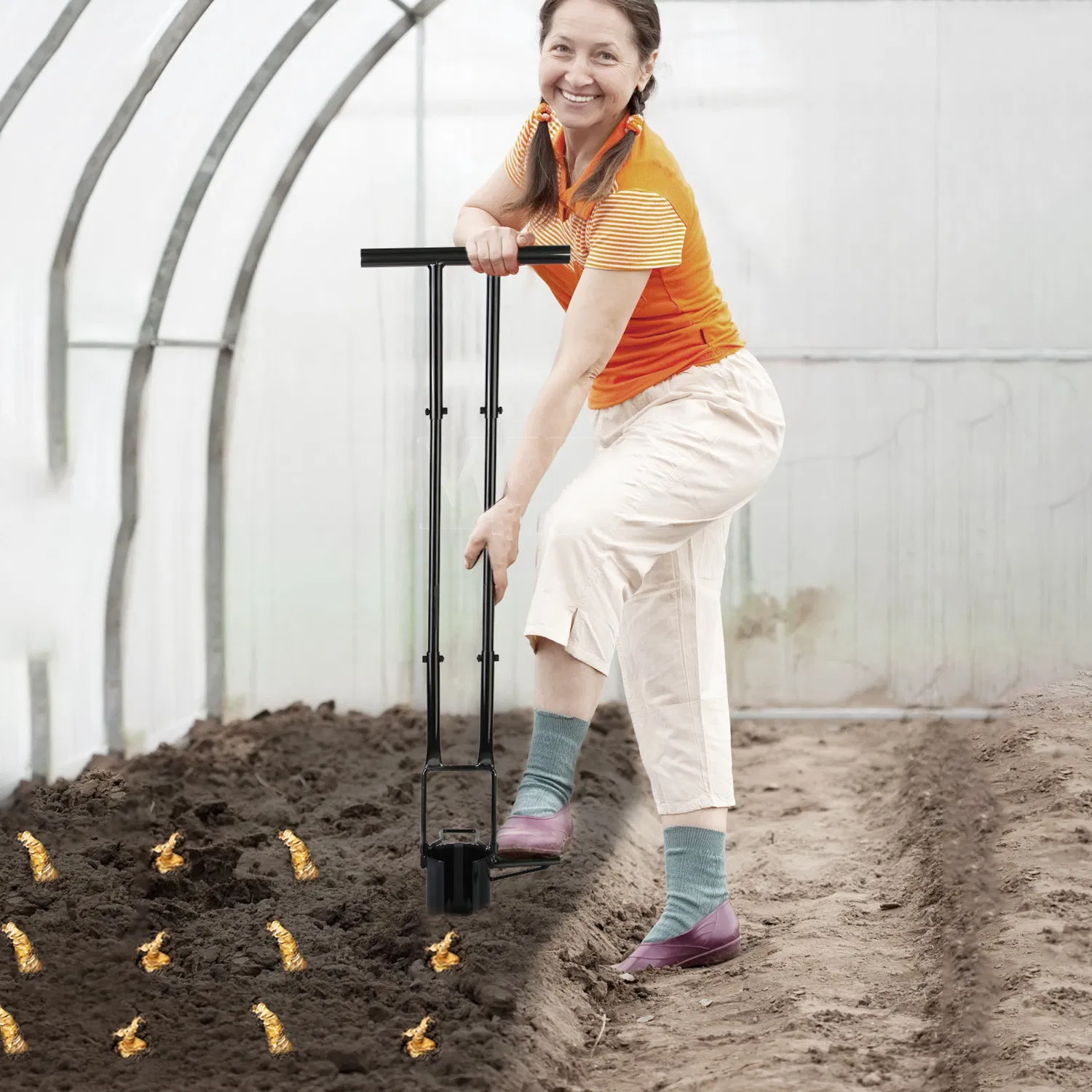 Main product image of Ergonomic Long Handle Bulb Planter, 5-in-1 Multifunctional Garden Planting Tool for Effortless No-Bend Digging