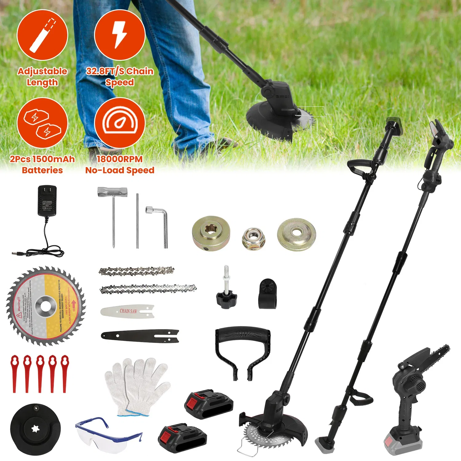 Main product image of Cordless 3-in-1 Pole Saw/Mini Chainsaw/Grass Trimmer - 21V 1500mAh x2 Batteries, 4/6in Cutting Chain, 13in-75.2in Adjustable Length, Safety Switch + Gloves/Goggle for Yard Maintenance