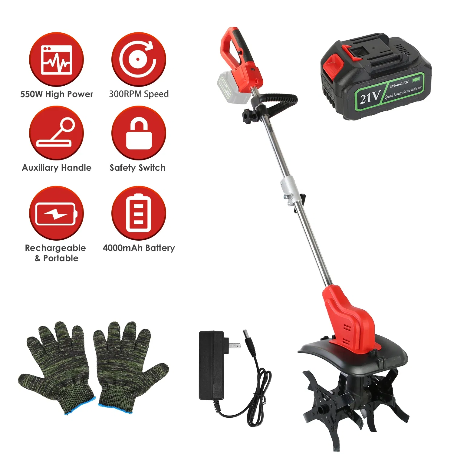 Main product image of Portable Cordless Electric Tiller - 550W 300RPM Power, 16 Steel Tines, 4000mAh Battery , Safety Protection + Auxiliary Handle, Ideal for Lawn/Soil Preparation/Gardening