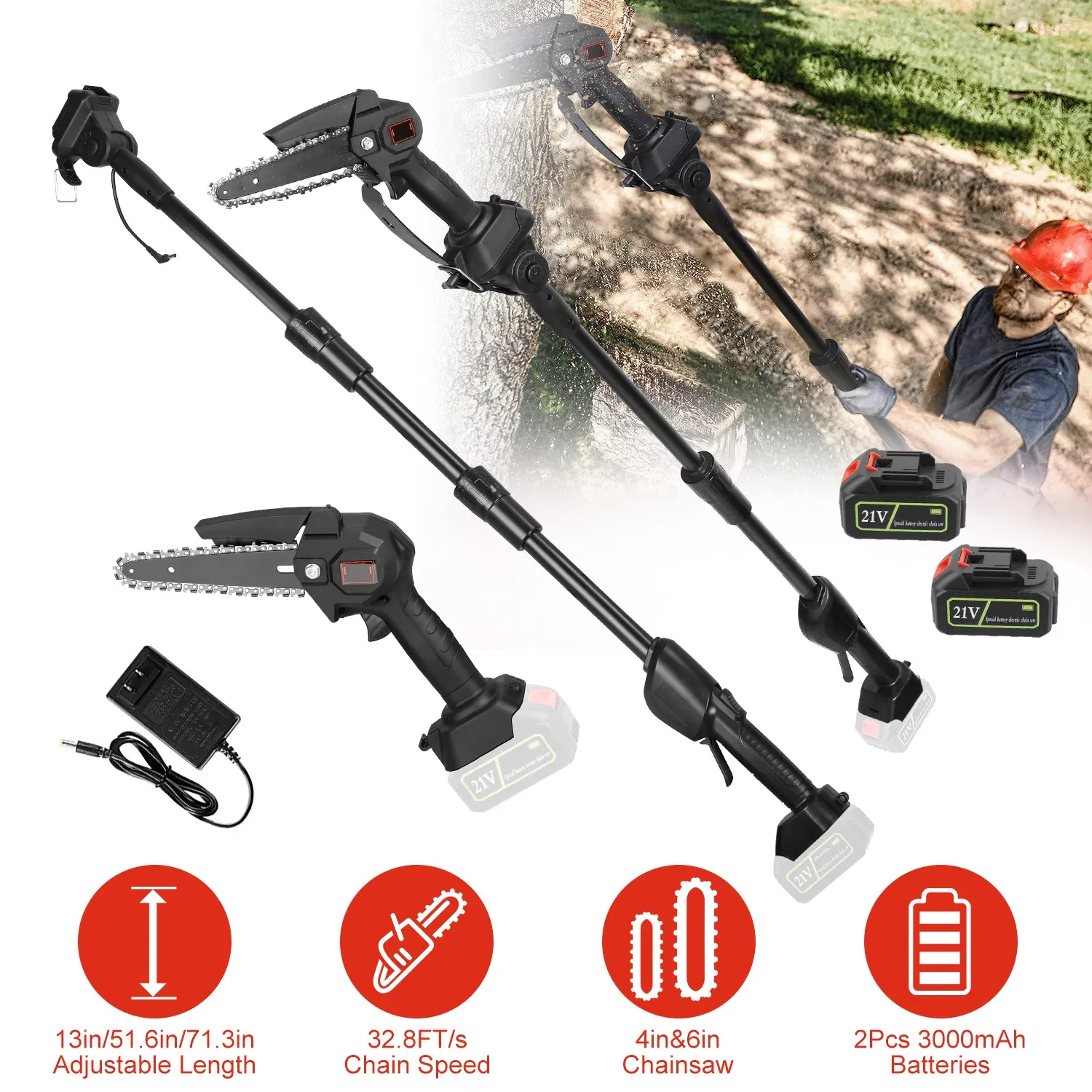 Main product image of 2-in-1 Electric Pole Saws for Tree Trimming, 6 Inch Mini Chainsaw Cordless with Extension Pole, Battery Powered Pole Chain Saw, Tree Trimmer Limb Branch Cutter Pruner with 2 Battery