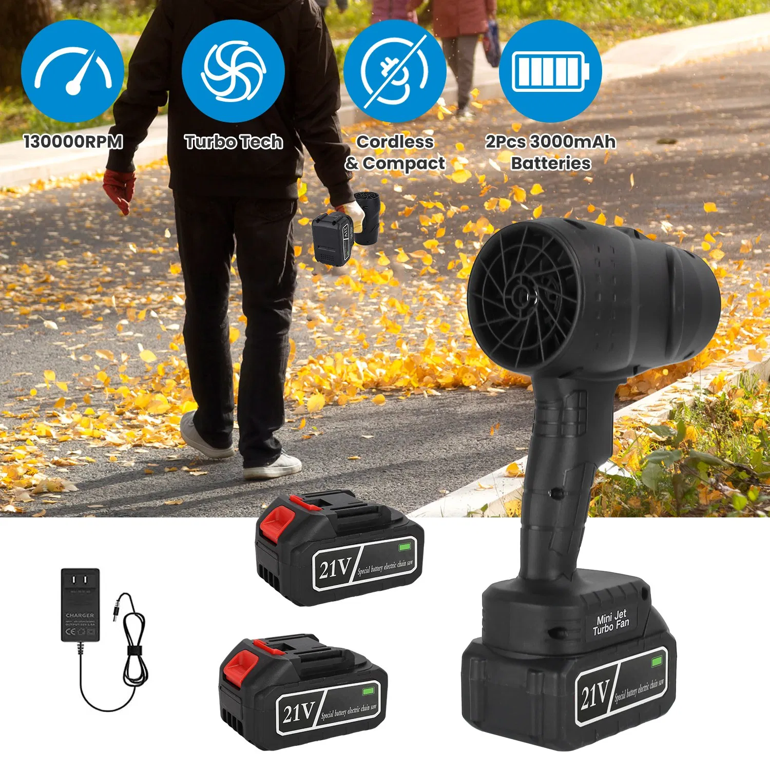 Main product image of 130000RPM Mini Cordless Leaf Blower Battery Operated Blower with 2x 3Ah Batteries for Leaf Snow Dust Water Blowing