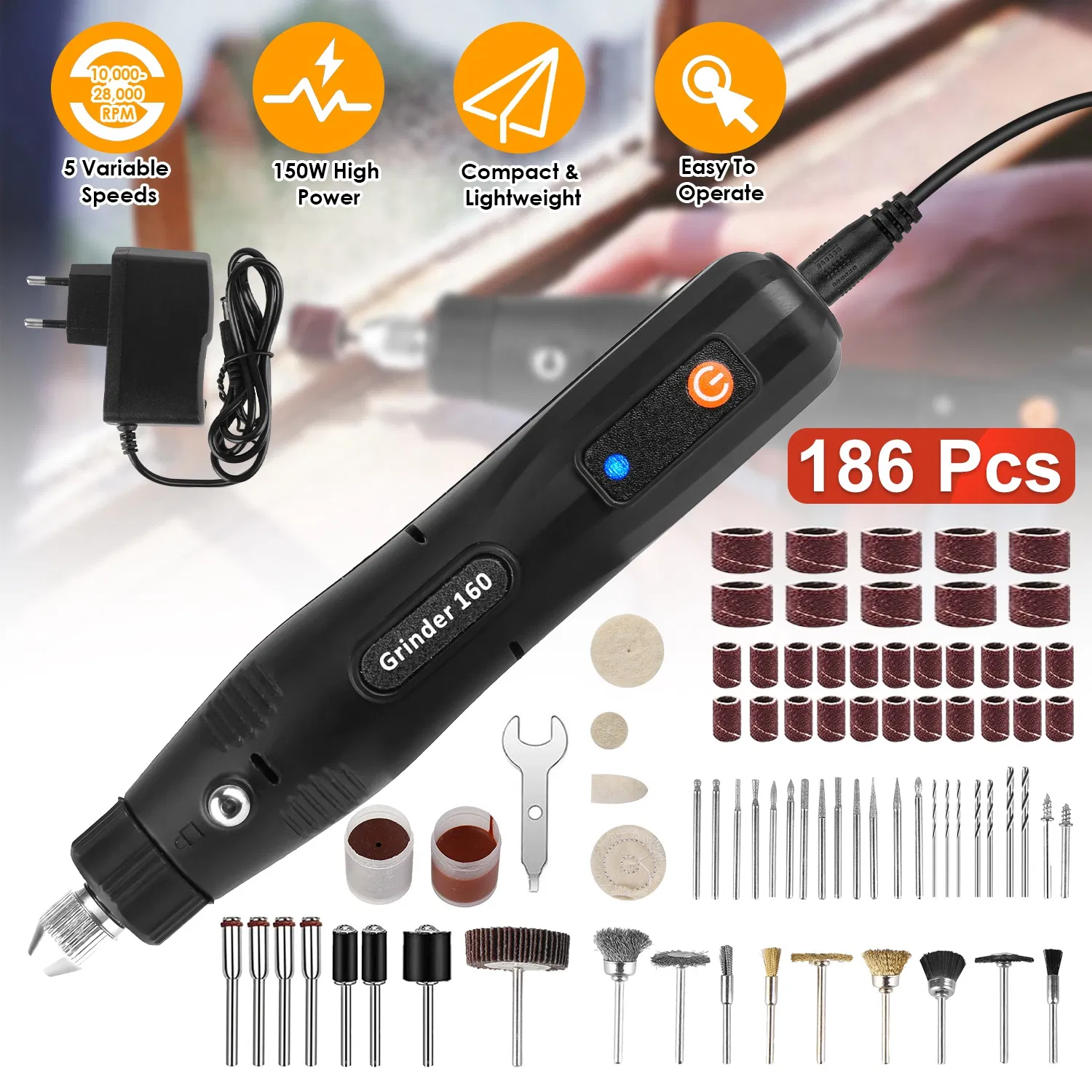 Main product image of Mini Corded Rotary Power Tool Set of 186Pcs Electric Detail Sander Grinding Pen Small Drill Kit Engraver with 5 Speeds for Sanding Polishing Drilling Etching Engraving Carving DIY Crafts GPCT5416