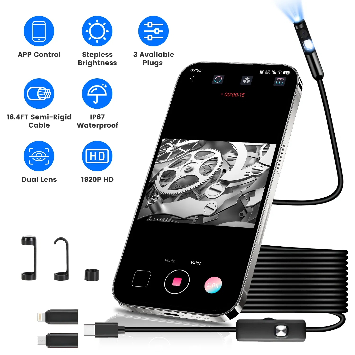 Main product image of 1Pc Endoscope Camera 1920P HD IP67 Waterproof Inspection Borescope Tool with Light and 8+1 Dual Lens 16.4ft Semi-Rigid Snake Cable Stepless Brightness APP Control for iOS and Android