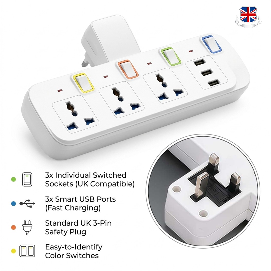 Main product image of 6-in-1 Multi Plug Extension 3 Way 3 USB With Individual Switched Wall Socket