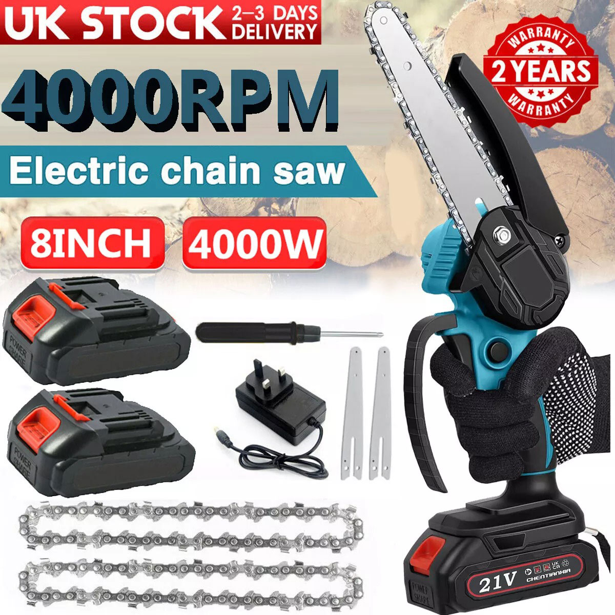 Main product image of 8-Inch Cordless Chainsaw, 2x 21V Li-Ion Batteries, Charger