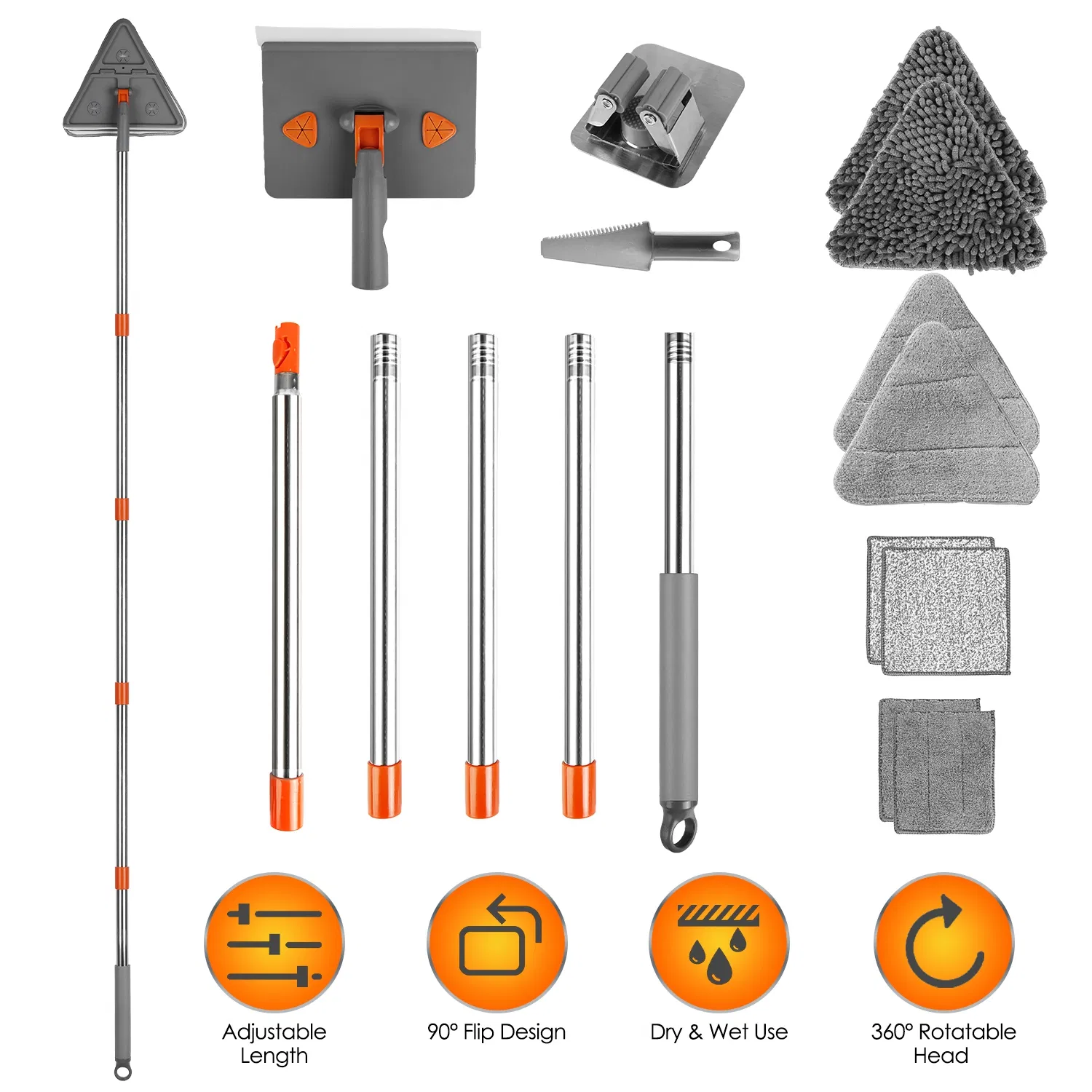 Main product image of 2-in-1 Wall Baseboard Cleaner Mop, 5-Section Extendable Stainless Steel Handle, 180° Rotatable Head, 8 Reusable Chenille & Flannel Pads for Indoor & Outdoor Cleaning