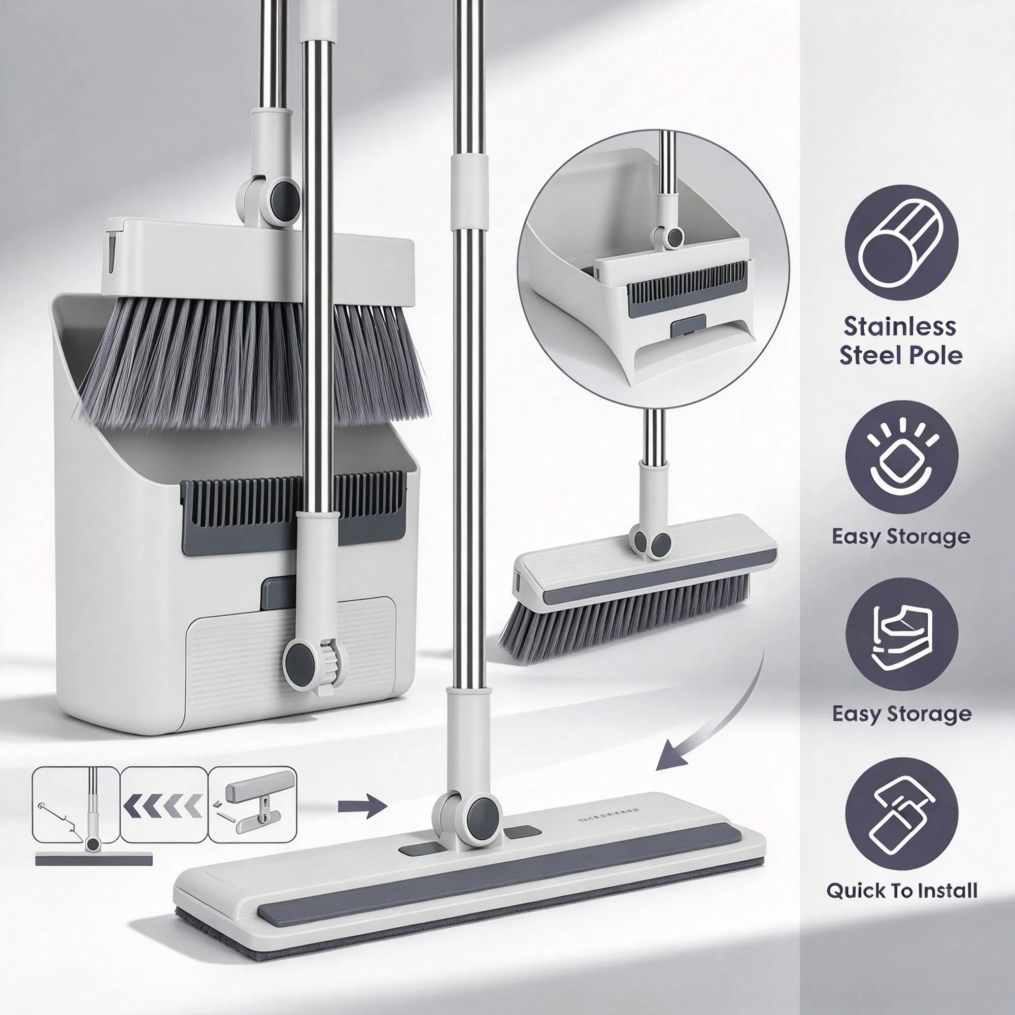Main product image of 4 in 1 Broom and Dustpan Set, 180° Adjustable Broom Head with Squeegee, Foldable Dustpan with Built-in Comb Teeth for Home Kitchen Bathroom Floor Cleaning