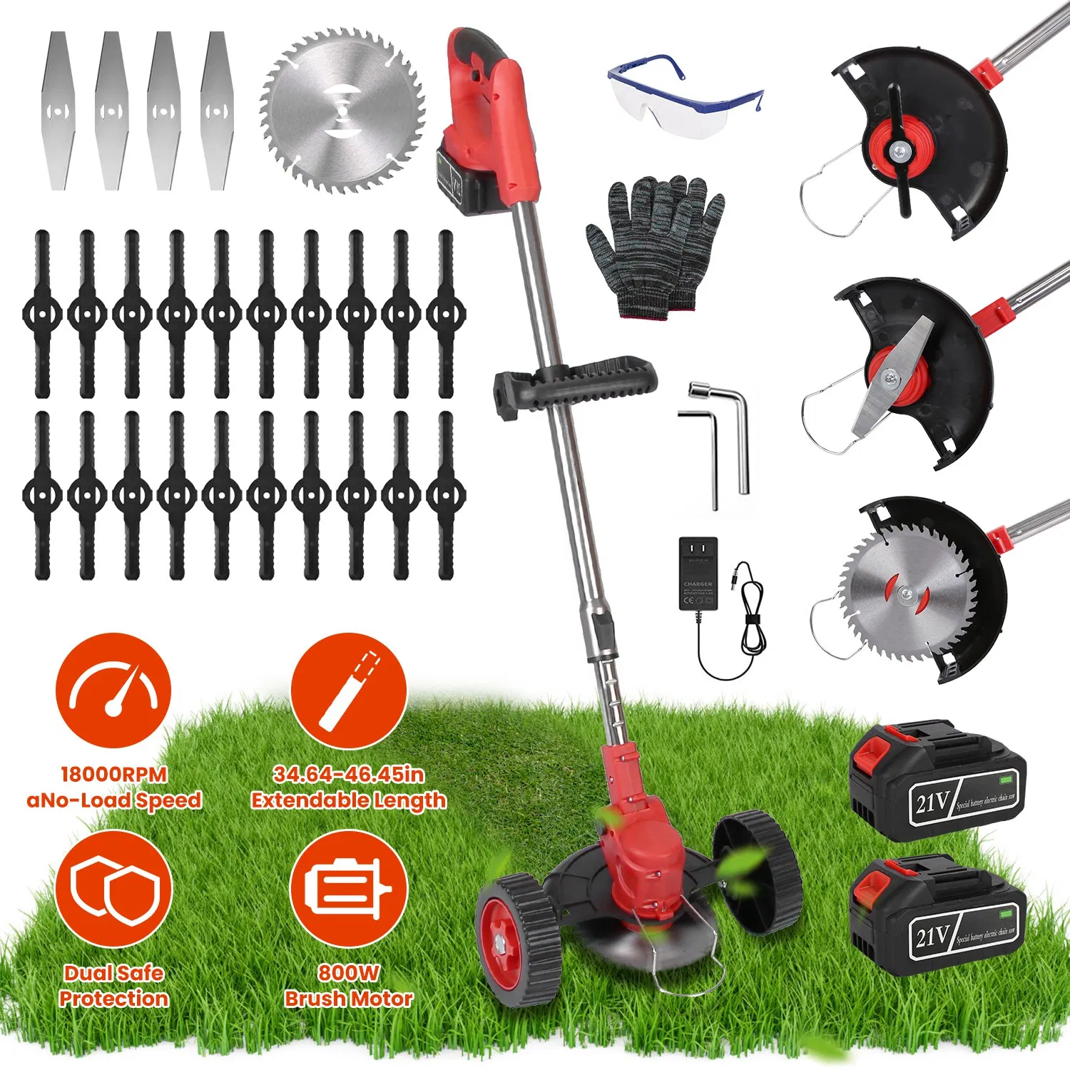 Main product image of Cordless Wheeled Lawn Wacker - 800W Brush Motor (50dB Quiet), 2x21V 2500mAh Batteries (4-5hr Charge), Extendable (34.64-46.45in) & 90° Adjustable Head, 3 Blades for Yard/Flower Beds/Roadside Areas