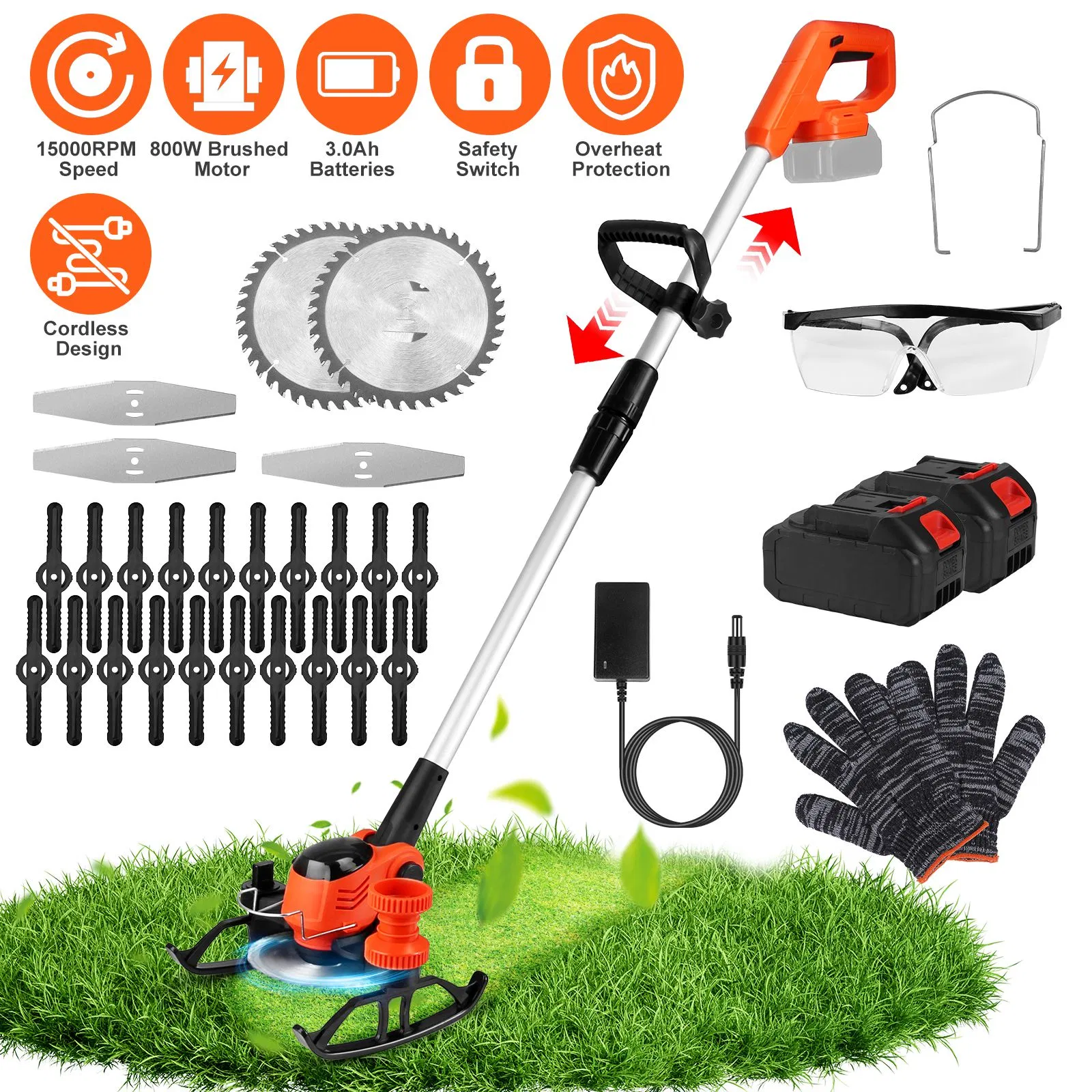 Main product image of Cordless Grass Trimmer with Wheels, 2x 3.0Ah Batteries, 3 Blades, Angle Adjustable, GPCT5363