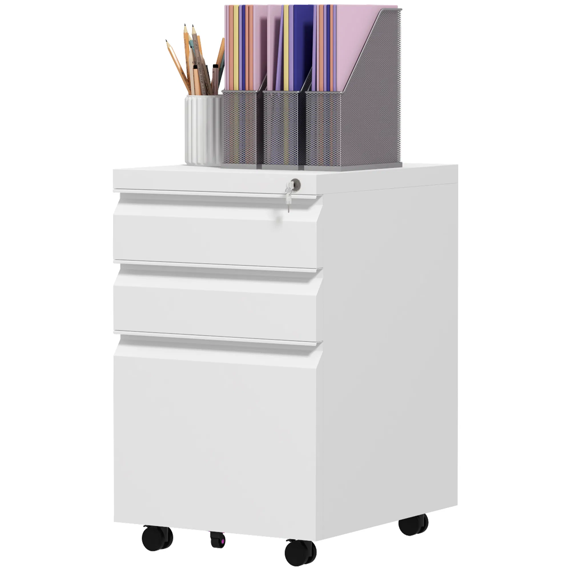 Main product image of 3-Drawer Steel File Cabinet, Lock, 5 Wheels, A4/Legal/Letter Files, Printer Stand, White