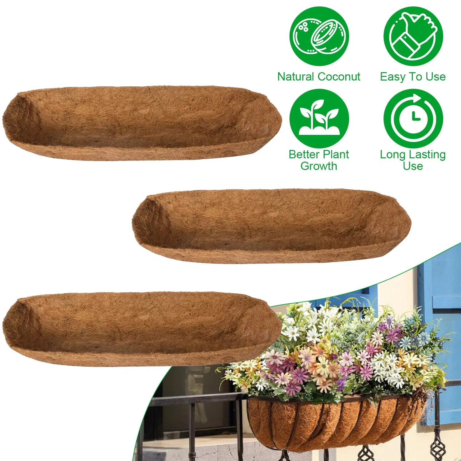 Main product image of Coconut Fiber Window Box Liners, 24/30/36 Inch Trough Coco Liners for Wire Window Baskets, Woven Coir Planter Add for Balcony, Garden, Indoor & Outdoor Planting