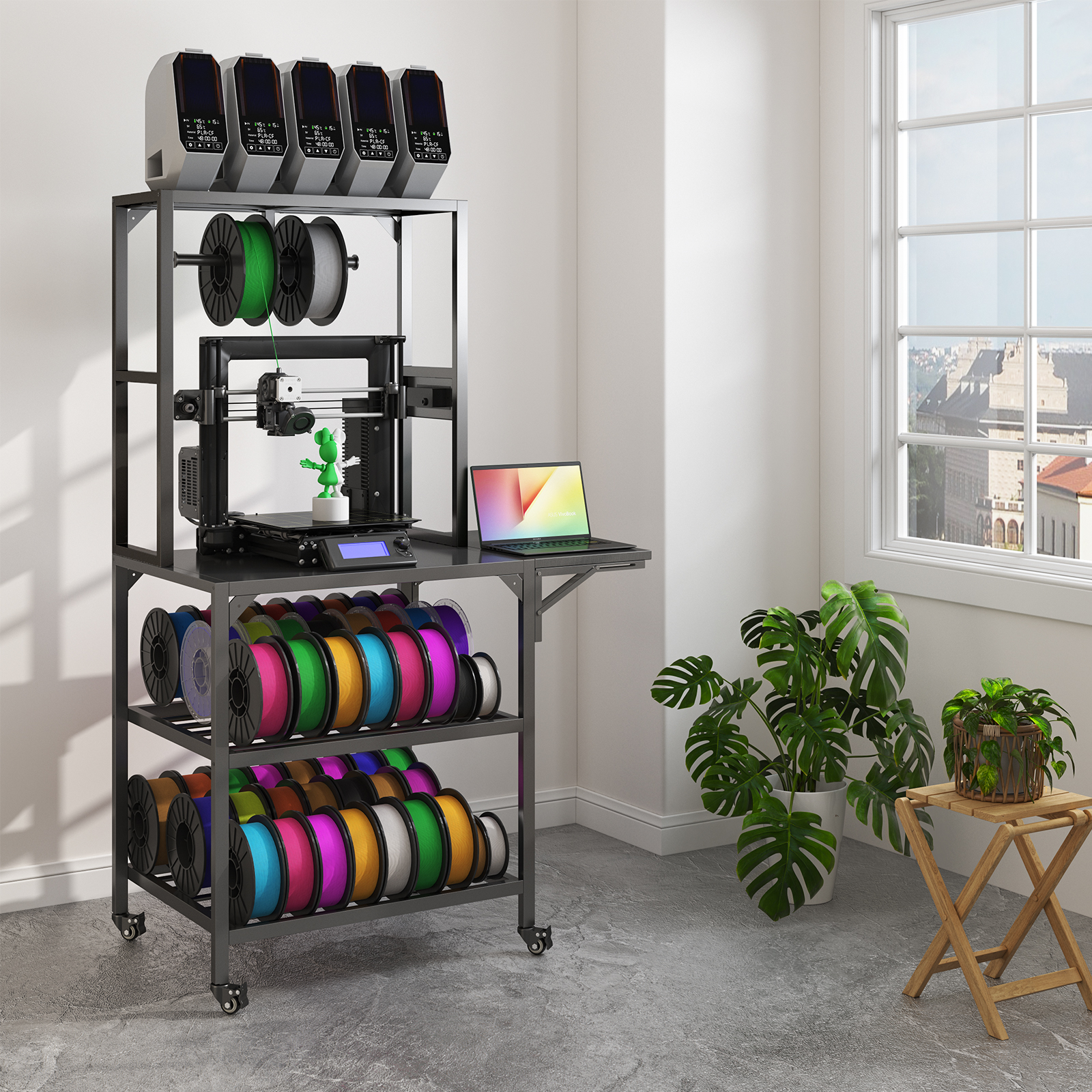 3D Printer Stand, Heavy Duty 3D Printer Table Stand With Filament Storage Rack, T-Shaped Spools Holder Rack With Wheels,3D Printer Workbench For 3D Printing Studio, Home Office Workshop