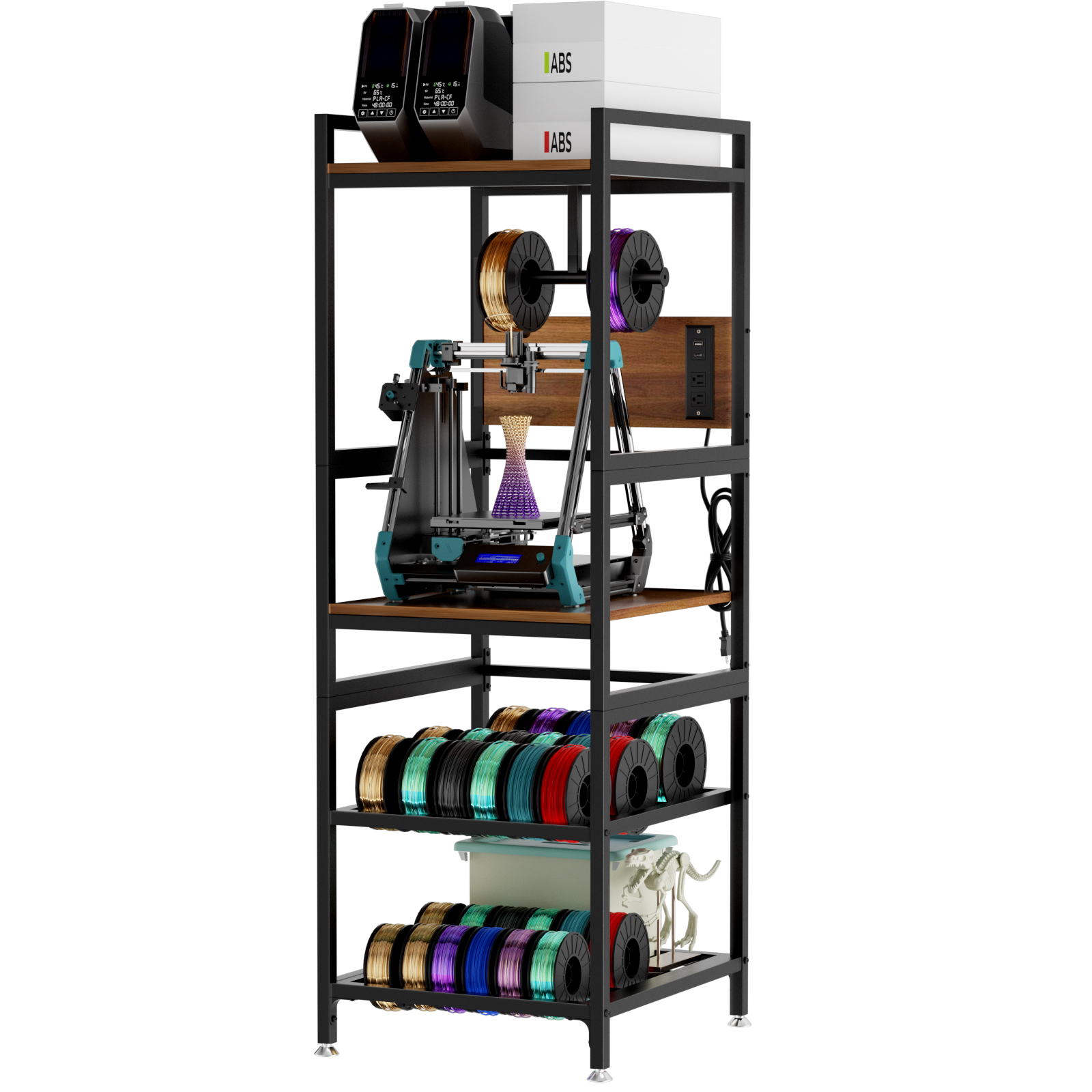 3D Printer Stand With Filament Storage, Heavy-Duty Metal Frame, T-Type Filament Holder, Built-in Power Panel, Open Frame Printer Workstation For Home & Workshop