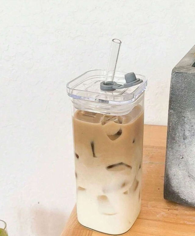 Square glass cup-straw + transparent cover-1 pack