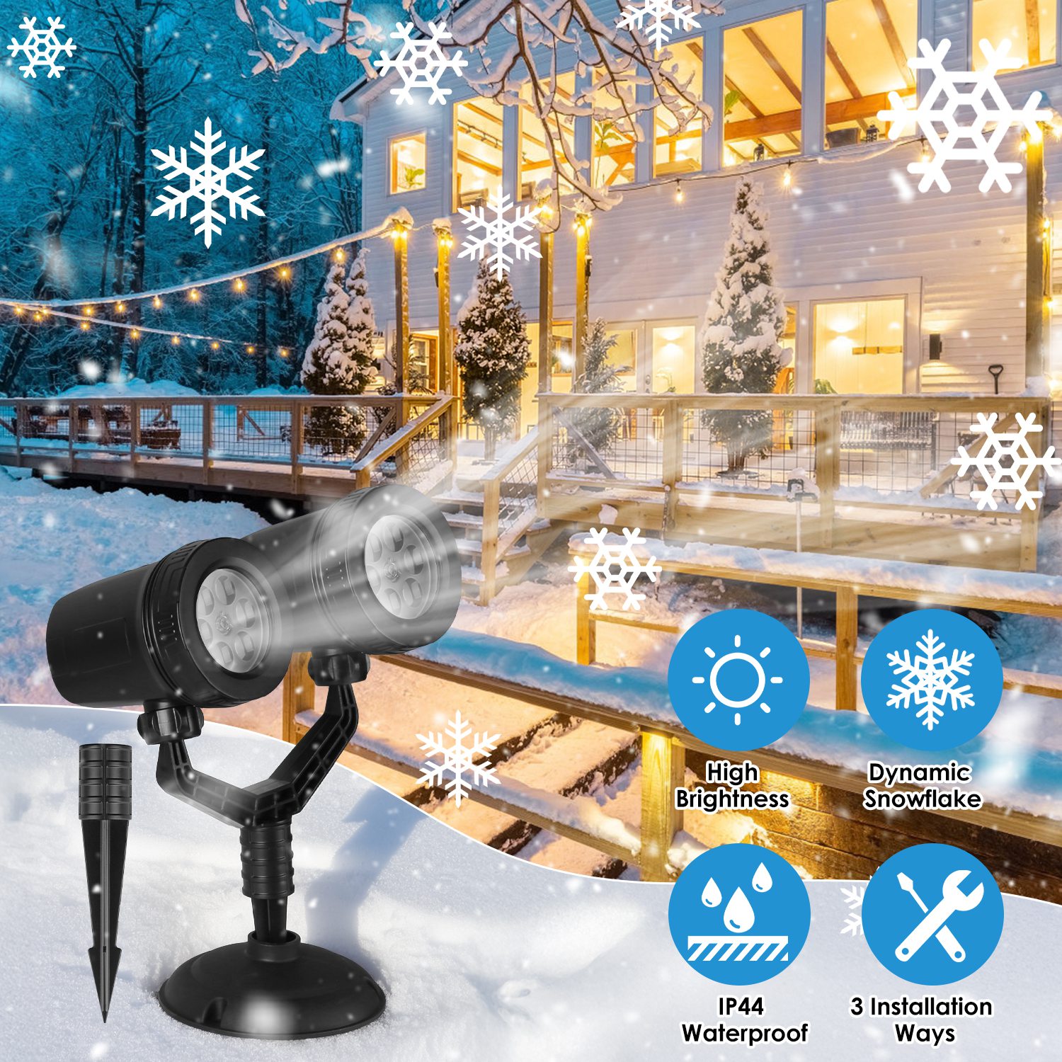 Main product image of Snowflake Projection Light with Dual Adjustable 180°‑Heads, IP44 ABS Outdoor Projector Light, 4 Dynamic Snowflake Patterns for Holiday Indoor & Outdoor Decor