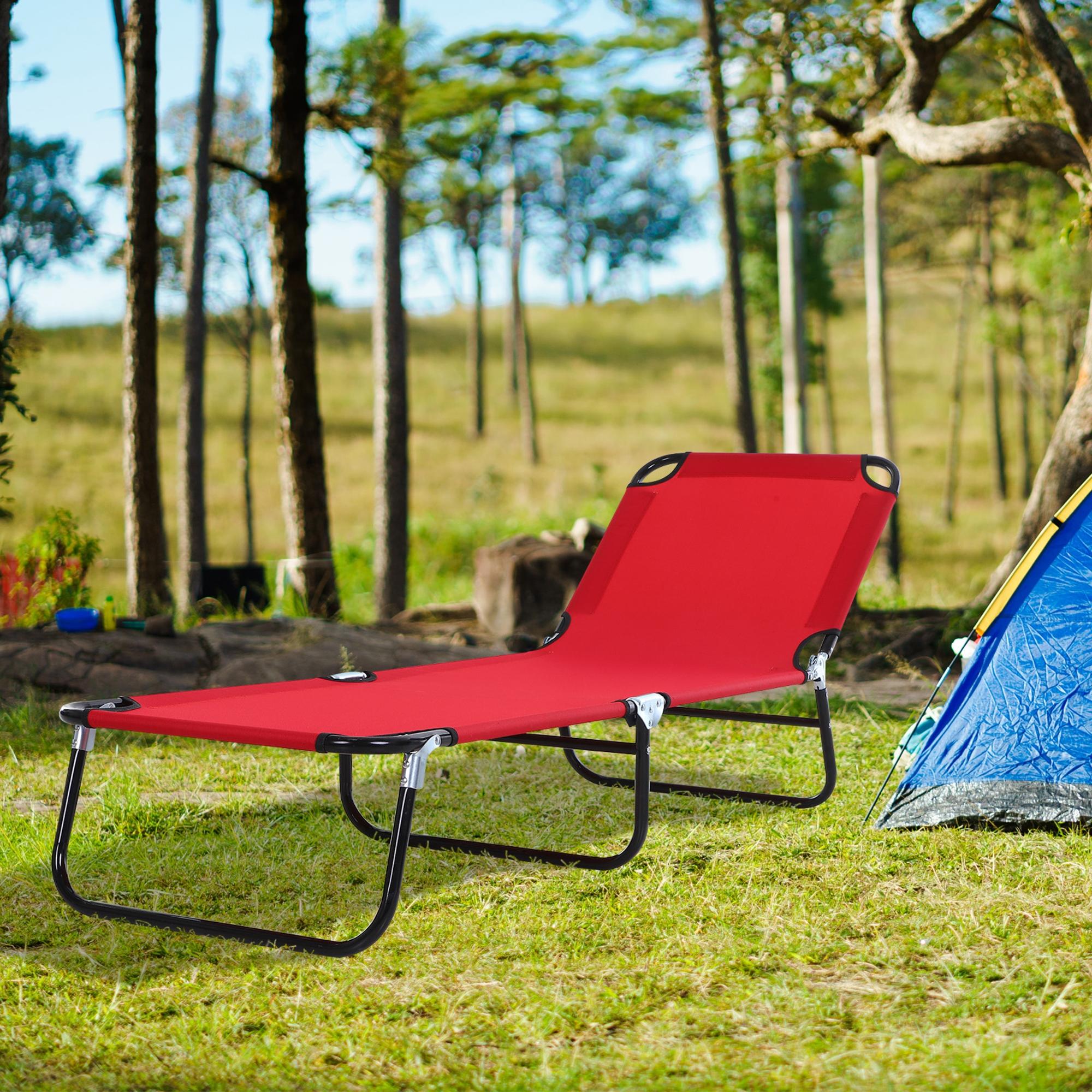 Foldable Chaise Lounge, 5-Level Backrest, Adjustable Footrest, Pillow, Lightweight Frame, For Pool, Patio, Sun Bathing, Red