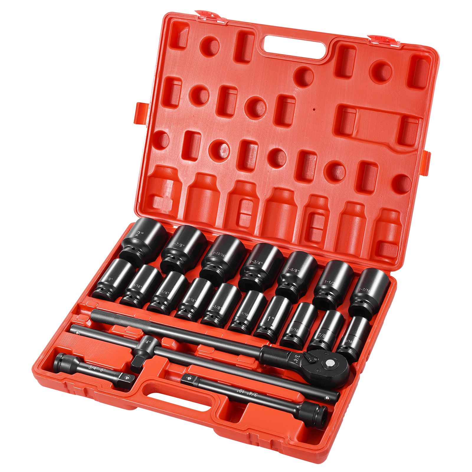 Impact Socket Set 3/4 Inches 22 Piece Deep Impact Sockets, Socket Assortment 3/4 Inches Drive Socket Set Impact Standard SAE Sizes 7/8 Inches To 2 Inches Includes Adapters And Ratchet Handle